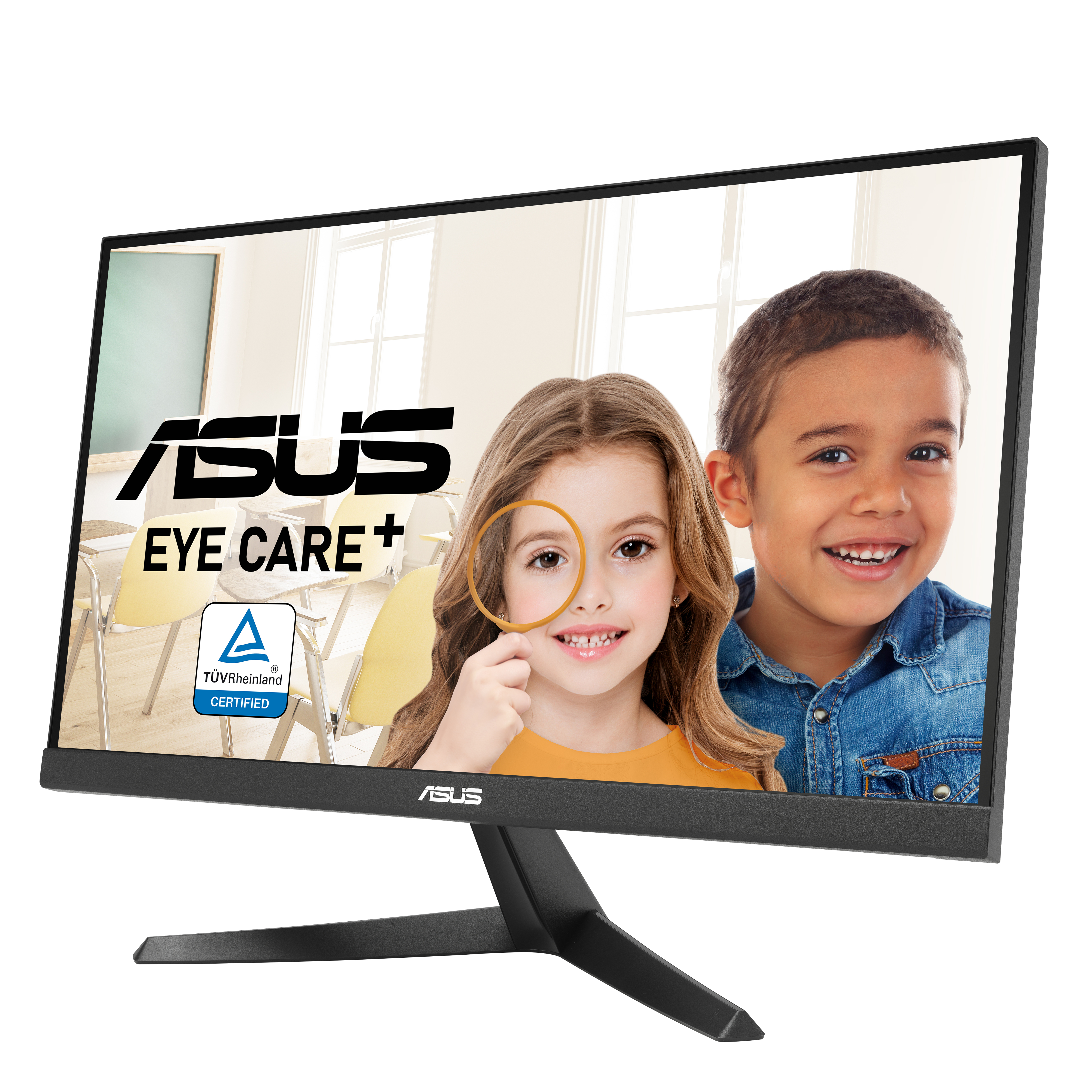 Monitor ASUS wyświetla dzieci. Jedno dziecko używa lupy. Widoczne Eye Care+ i certyfikat TÜV Rheinland.
