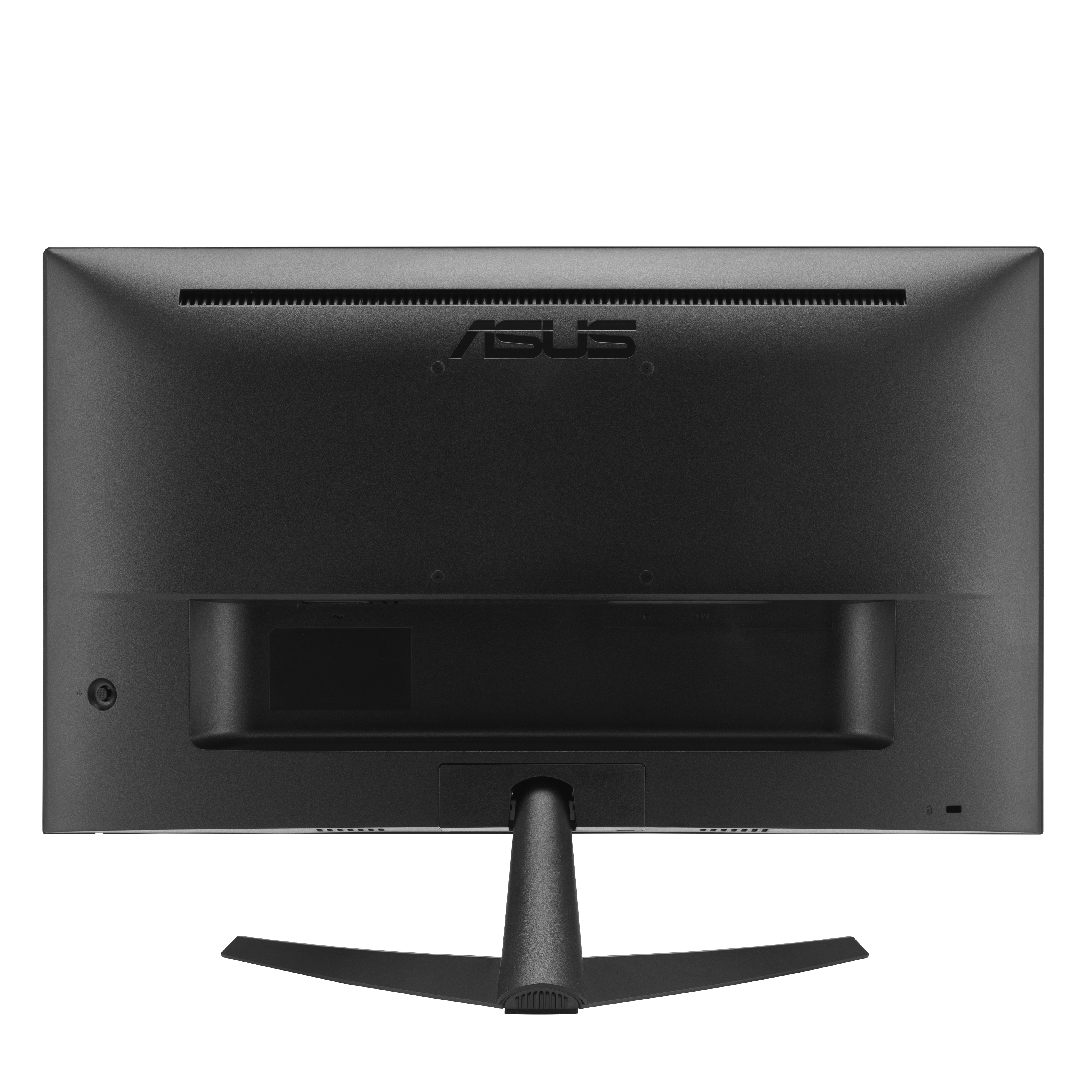 Widok z tyłu czarnego monitora Asus z czarną podstawą na białym tle.