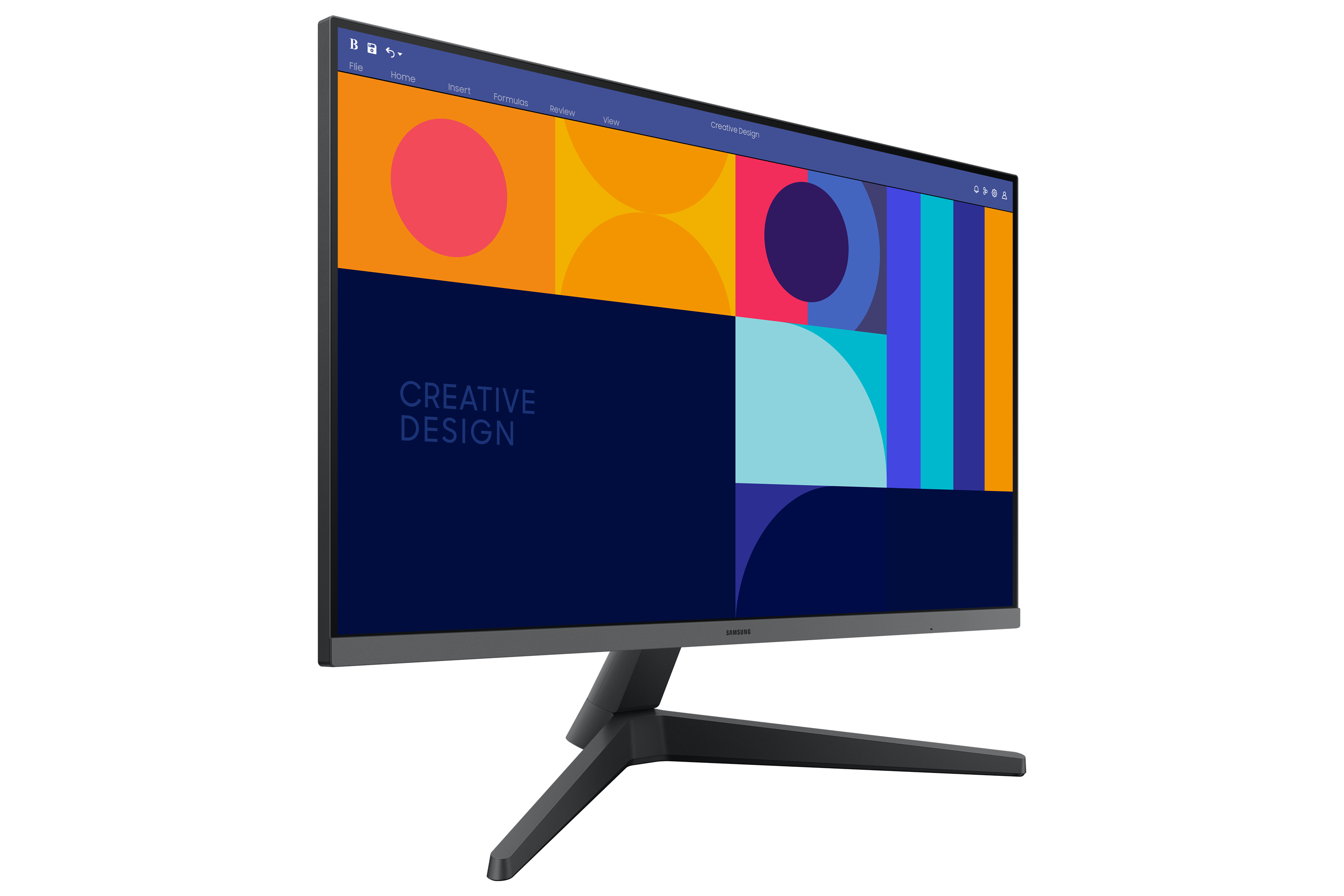 Il monitor mostra un design creativo e colorato. È grigio scuro, angolato e ha un supporto nero.