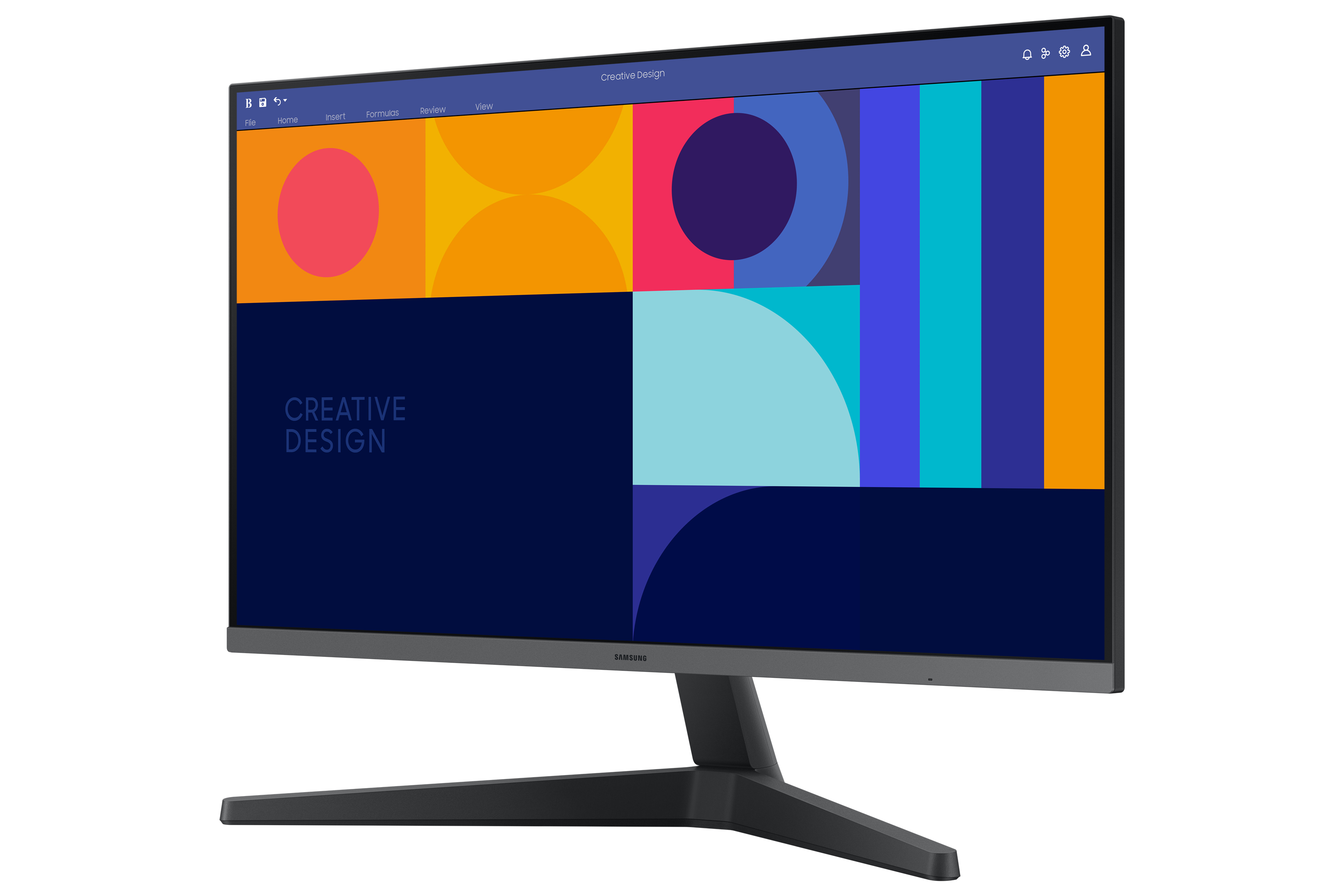Un monitor Samsung mostra un design astratto colorato. Ha un supporto nero.