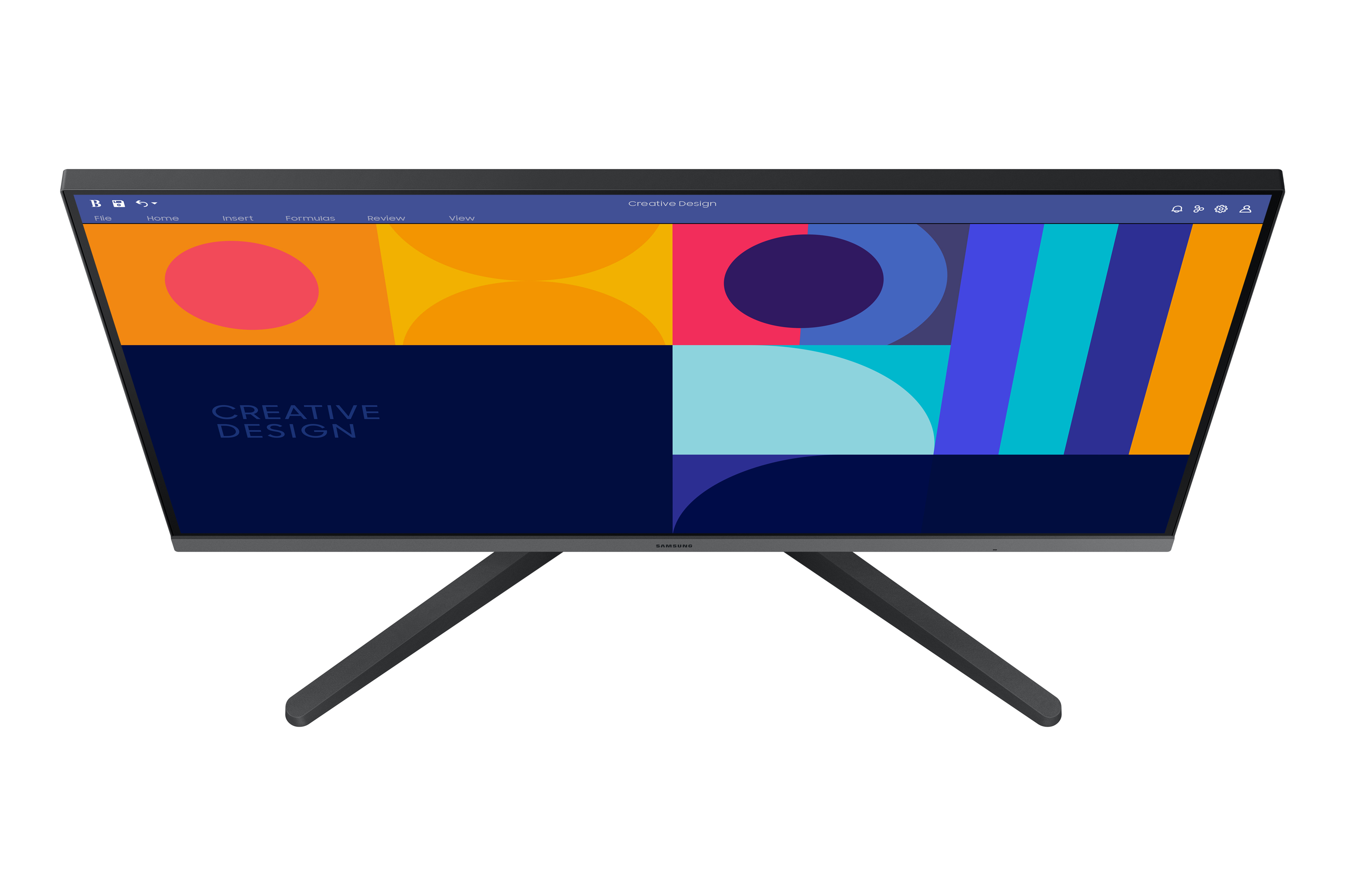 Monitor del computer con design creativo sullo schermo, con supporto nero.