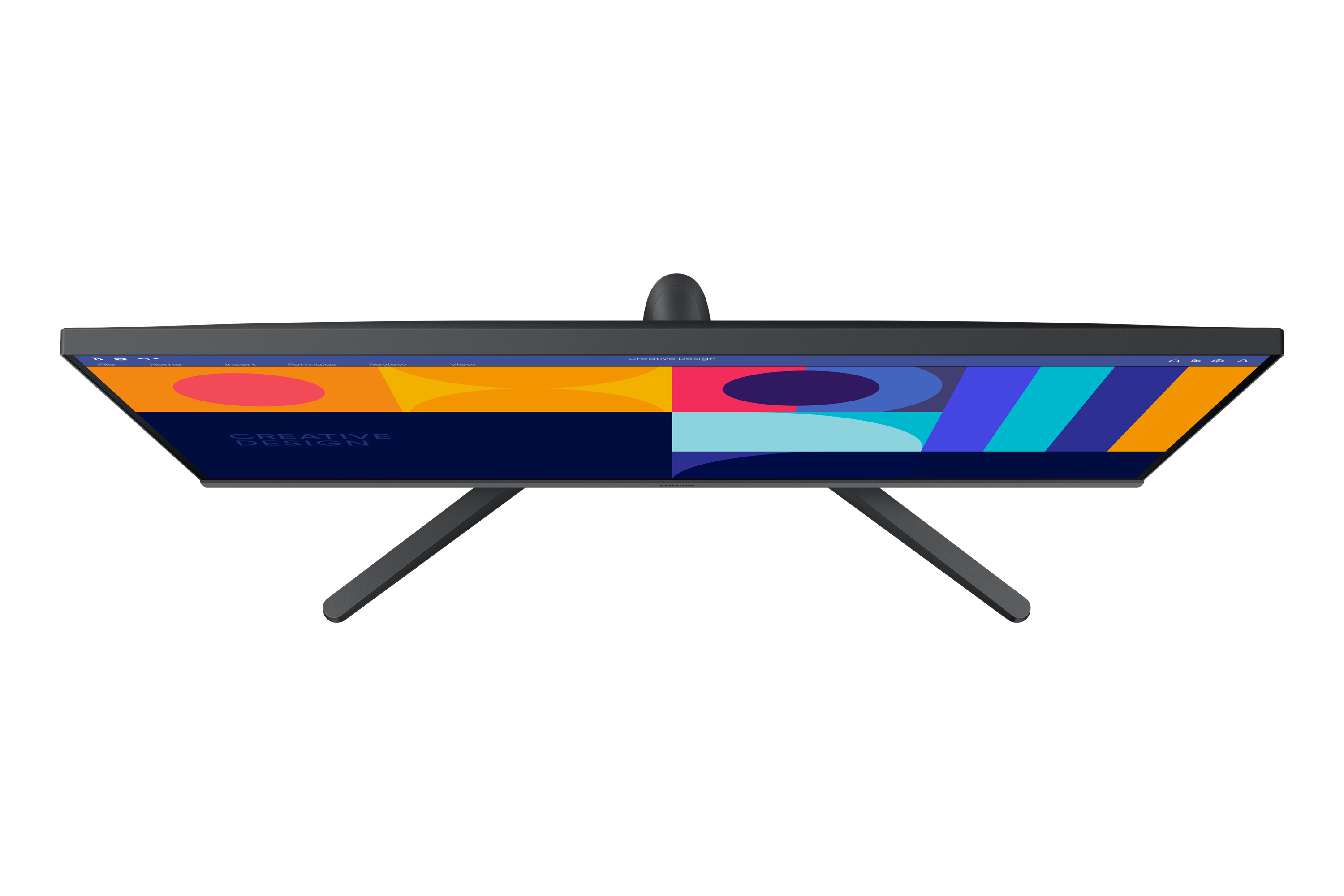 Monitor del computer dall'alto, che mostra una grafica colorata. Supporto e cornice neri. Sfondo bianco.