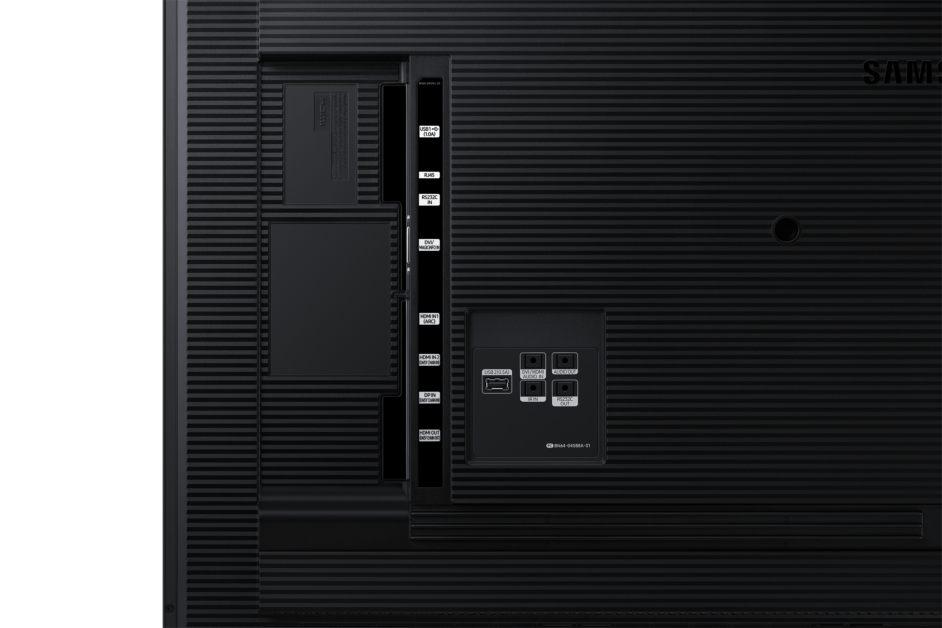 Zbliżenie na tył czarnego telewizora Samsung. Pokazuje różne porty i złącza, w tym HDMI i USB.