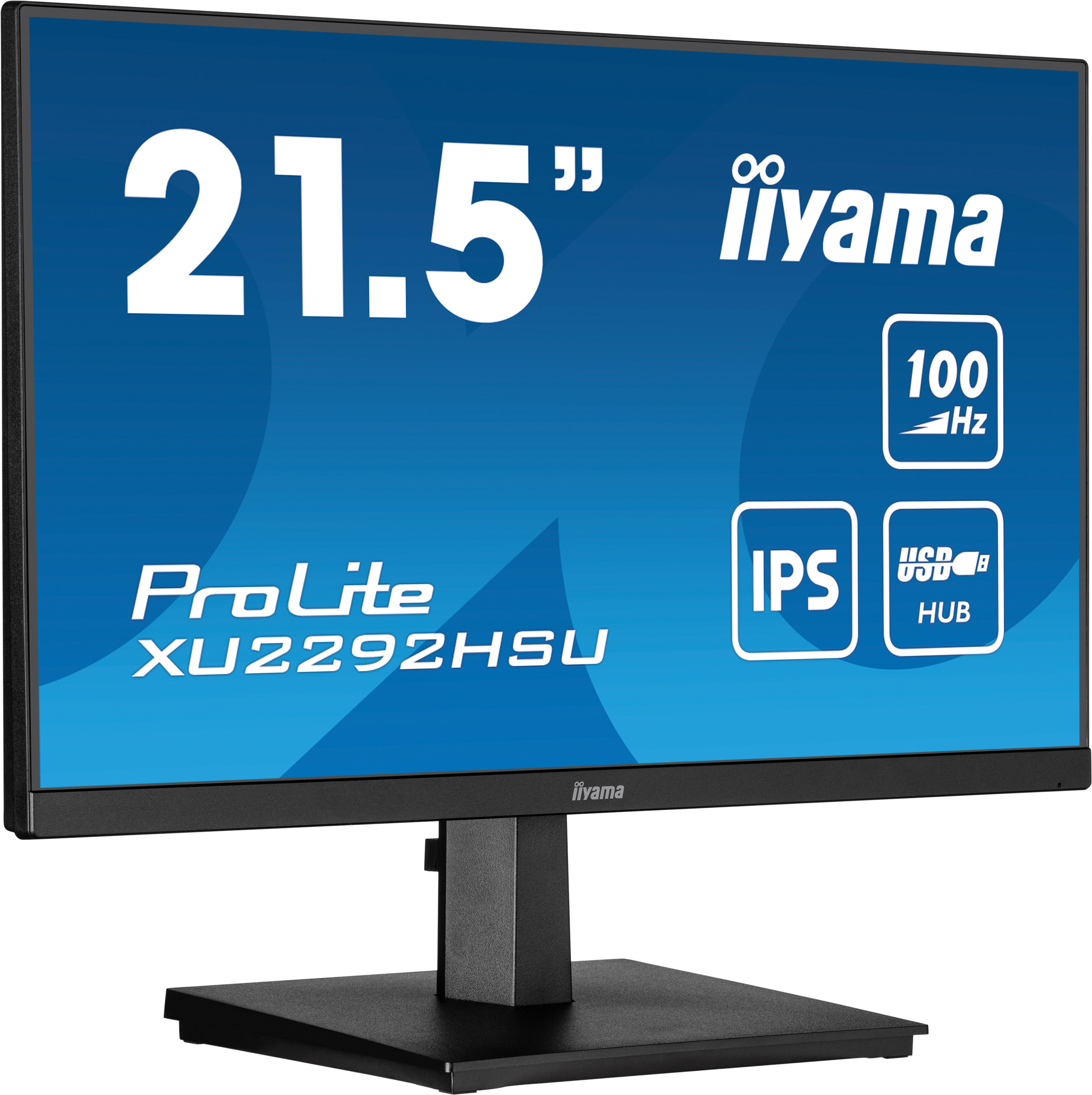 Monitor z tekstem, 21.5", iiyama ProLite i ikonami, na czarnym stojaku.