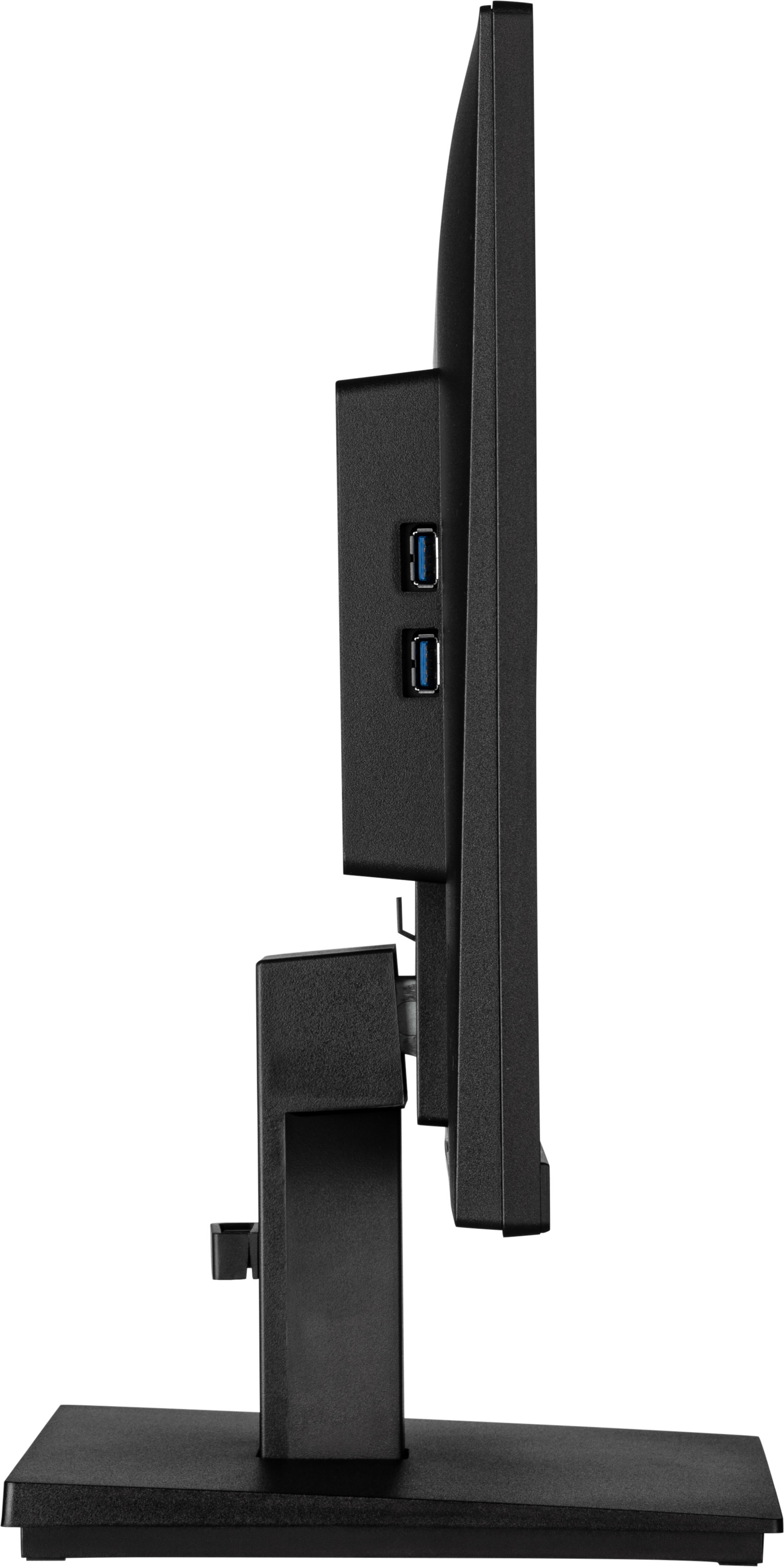 Widok z boku czarnego monitora komputerowego ze stojakiem. Porty USB po lewej stronie. Czarna podstawa.