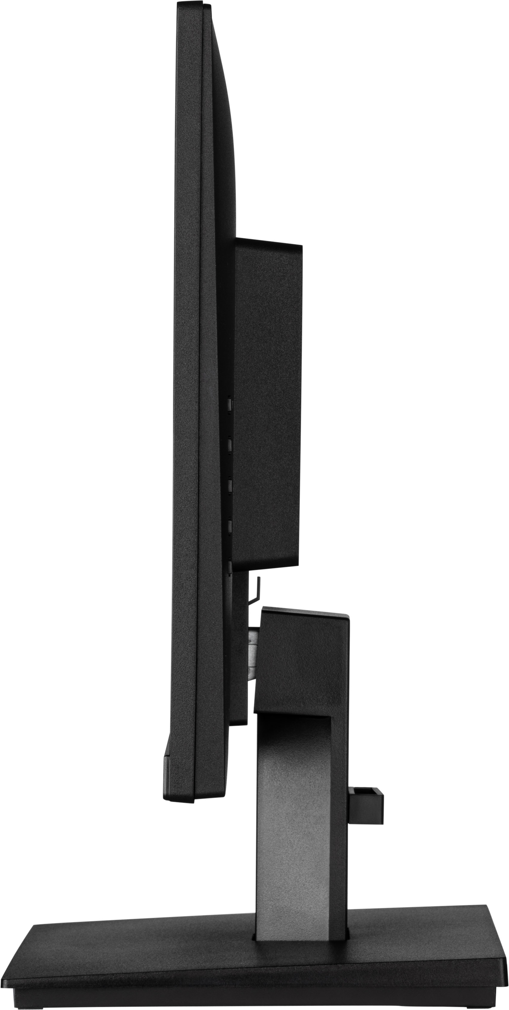 Czarny monitor komputera w widoku z profilu. Jest na czarnej podstawie.