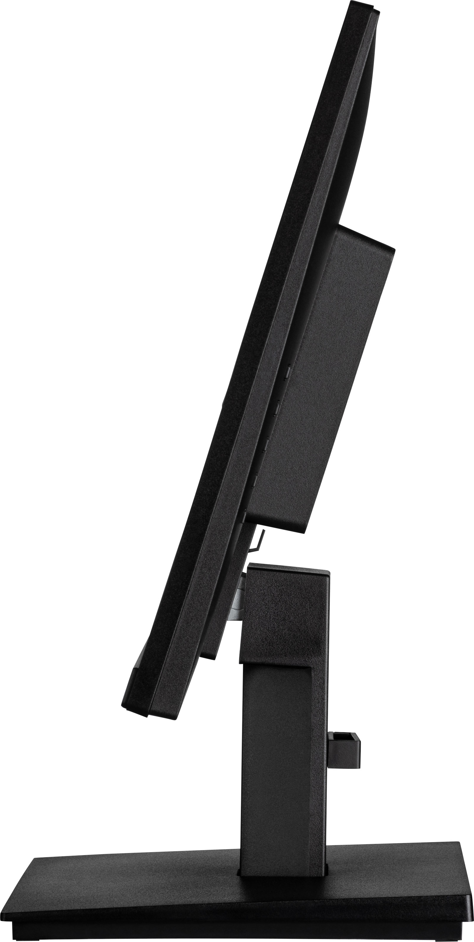 Czarny monitor komputera z boku, ze stojakiem.