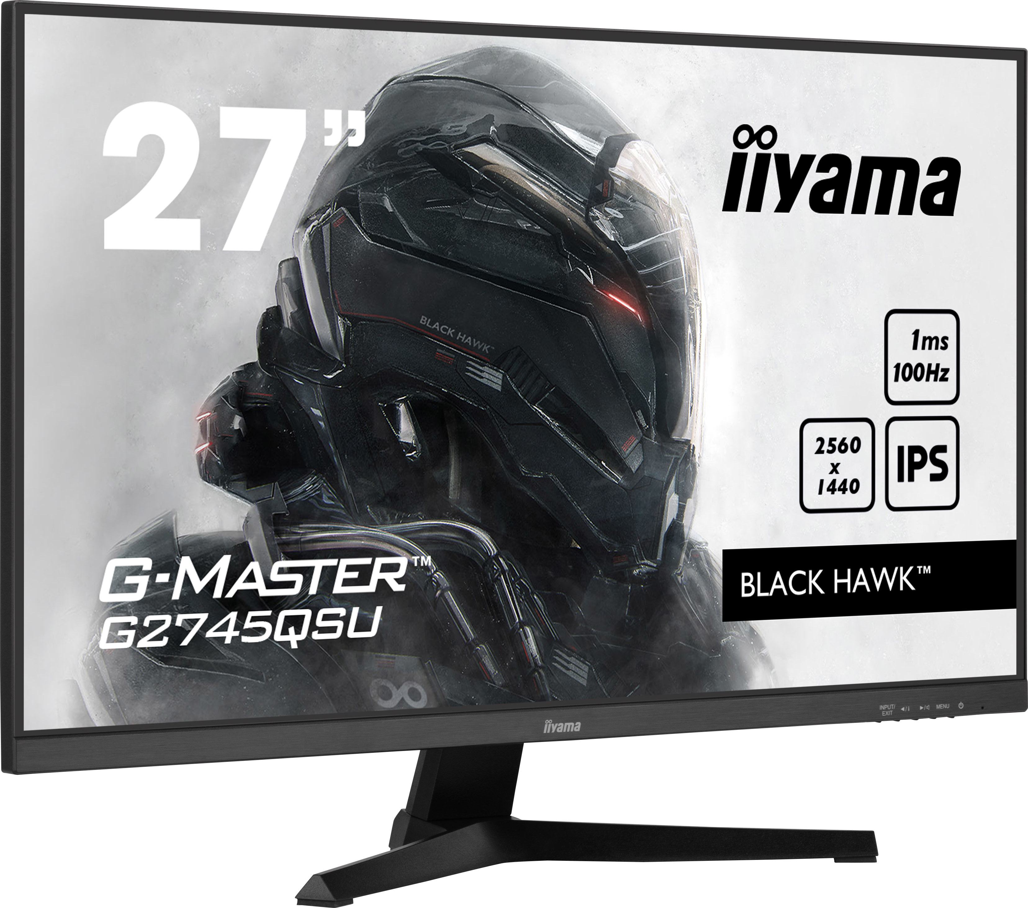 Monitor iiyama de 27 pulgadas con marco negro, soporte negro y gráfico.