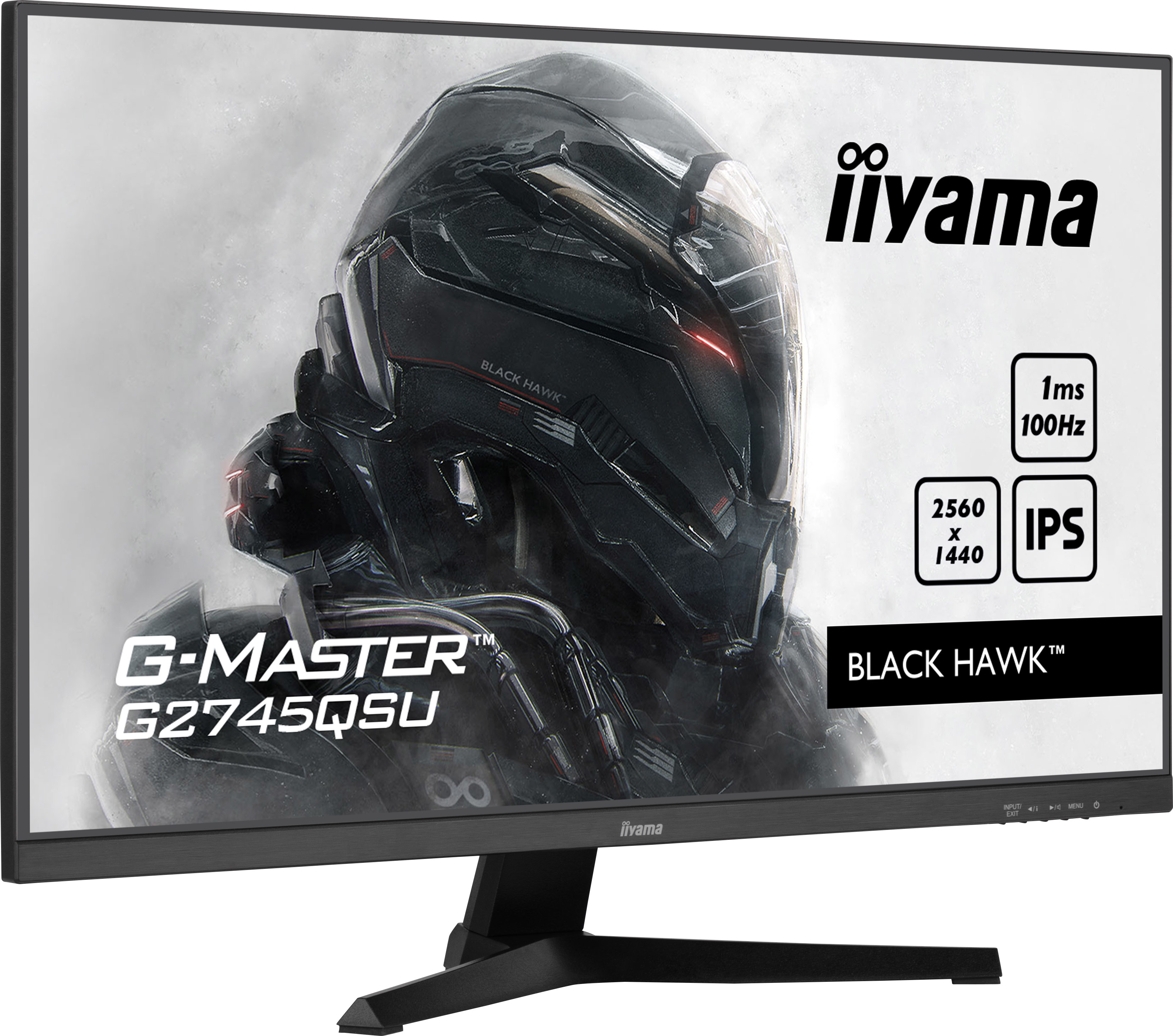 Monitor negro con texto. Tiene un soporte negro y la cara de una persona en la pantalla.