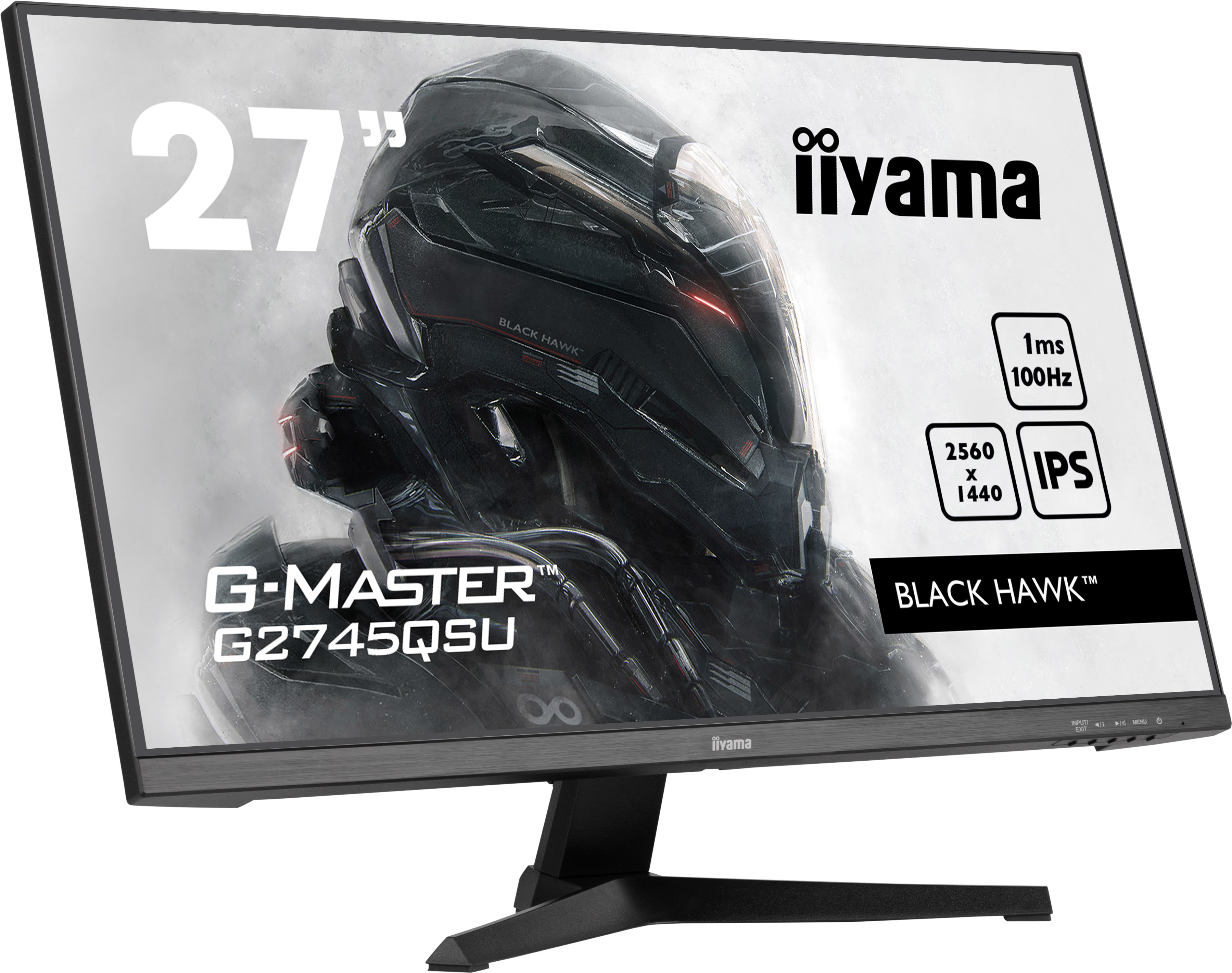 Un monitor de 27 pulgadas con el logotipo 'iiyama' y texto 'G-MASTER', '2560 x 1440' y '1ms 100Hz'.