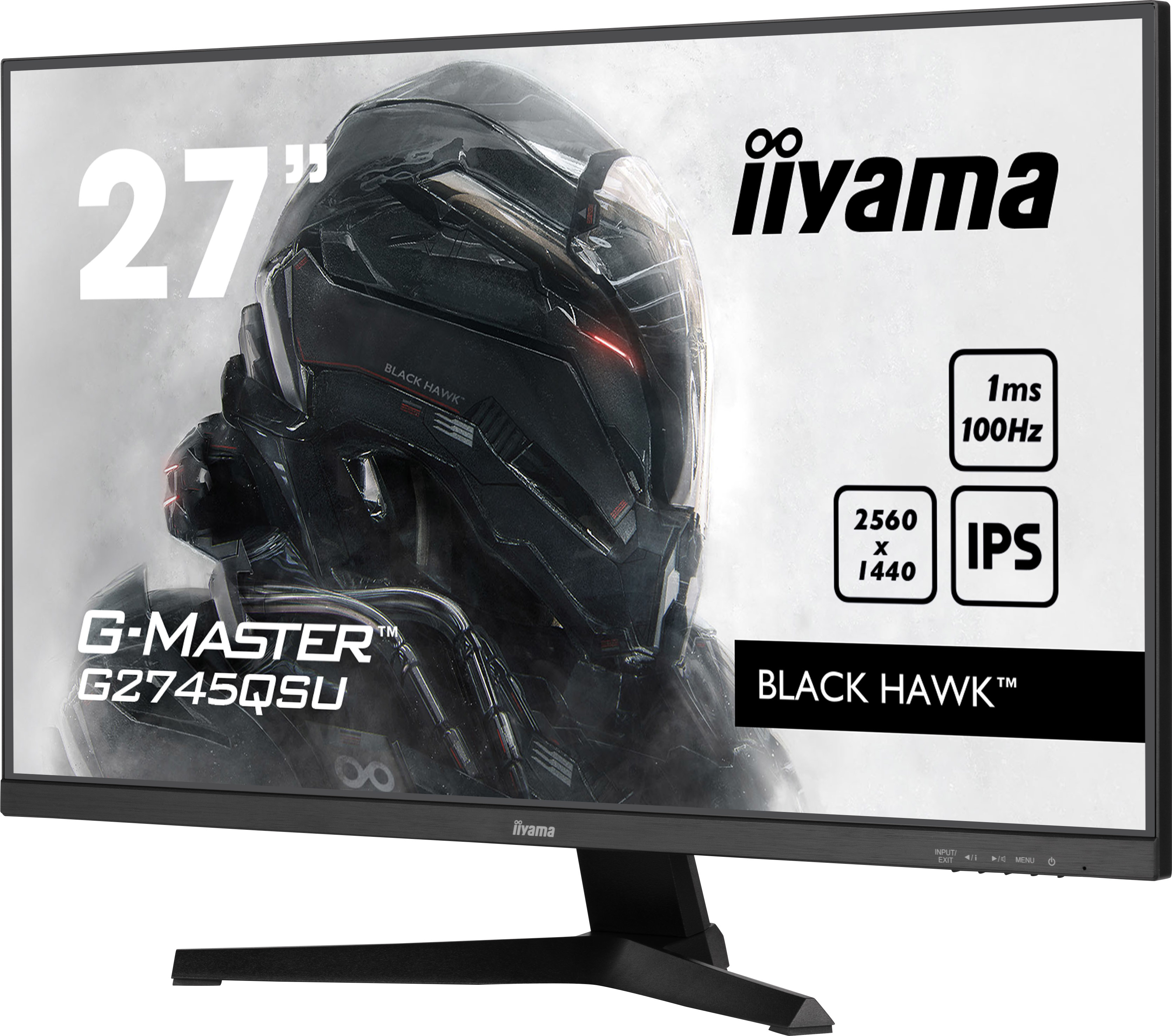 Monitor de computadora negro de 27 pulgadas con un gráfico de halcón negro en la pantalla. Texto: '2560x1440 IPS'.