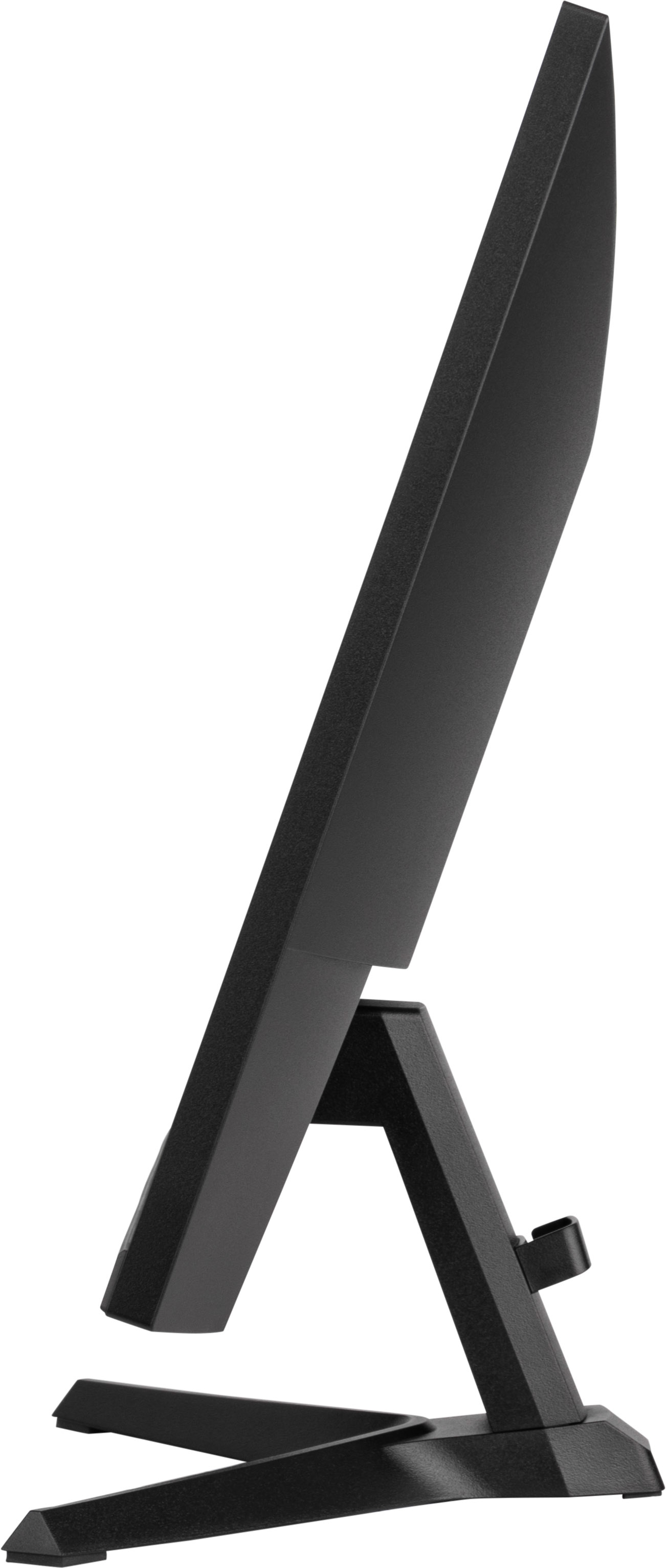 Monitor de computadora negro. Vista lateral, en ángulo sobre un soporte negro. Diseño moderno.