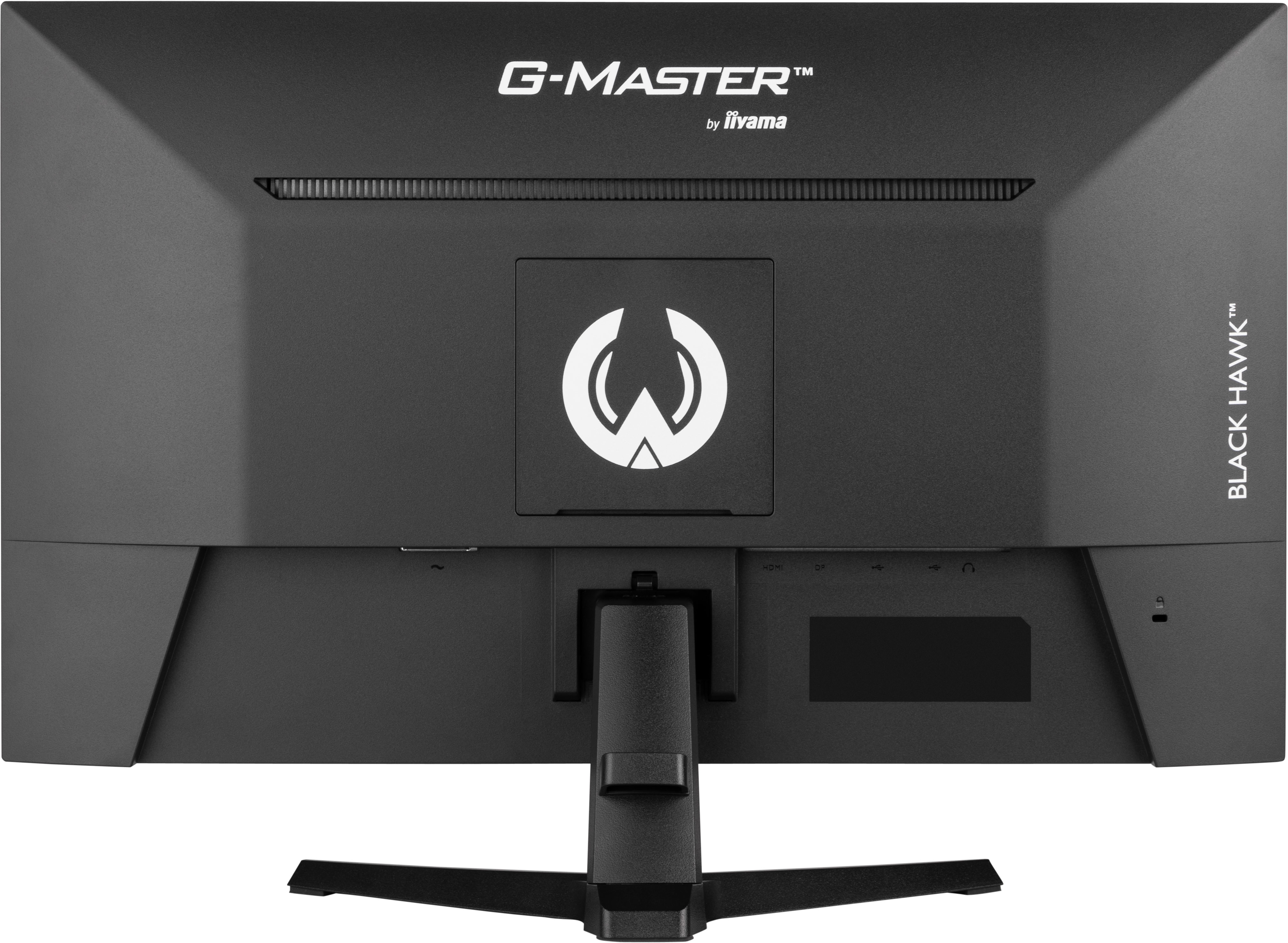 Parte trasera de monitor negro, logo G-MASTER, texto Black Hawk, puertos y soporte.