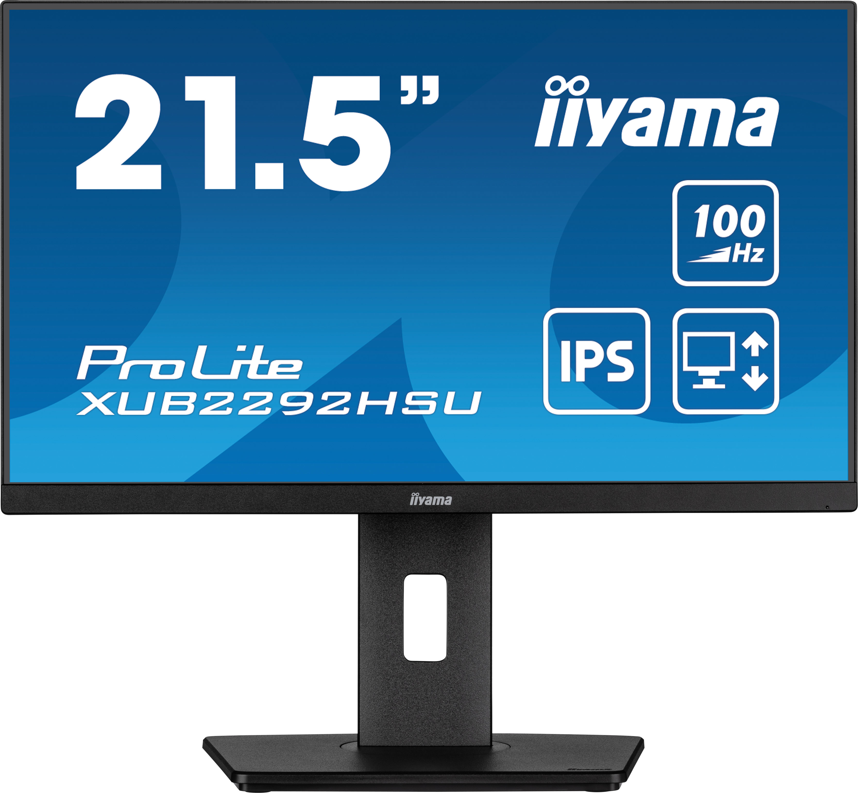 Monitor 21.5" iiyama z tekstem, IPS i ikonami częstotliwości odświeżania na czarnym stojaku.