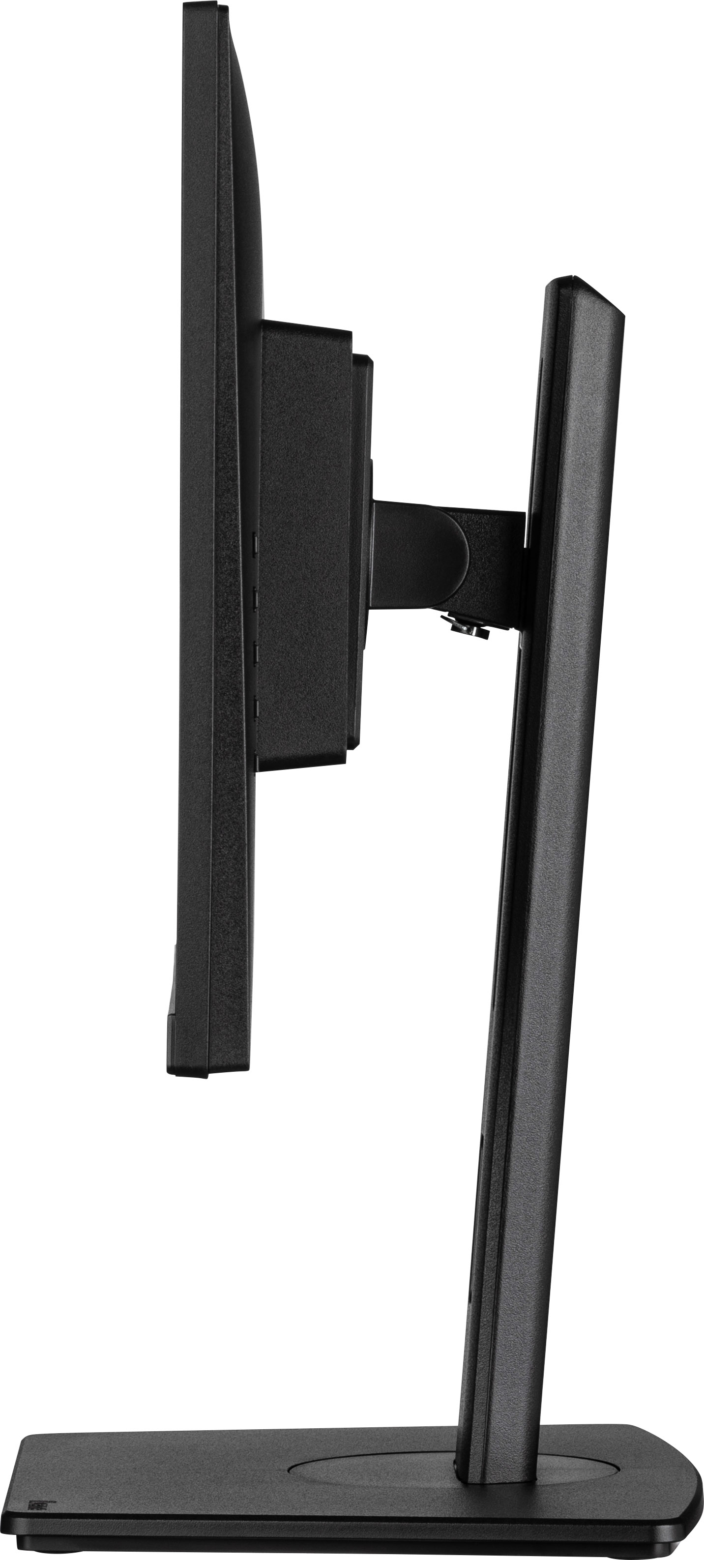 Widok z boku czarnego monitora komputera, ze stojakiem. Białe tło.