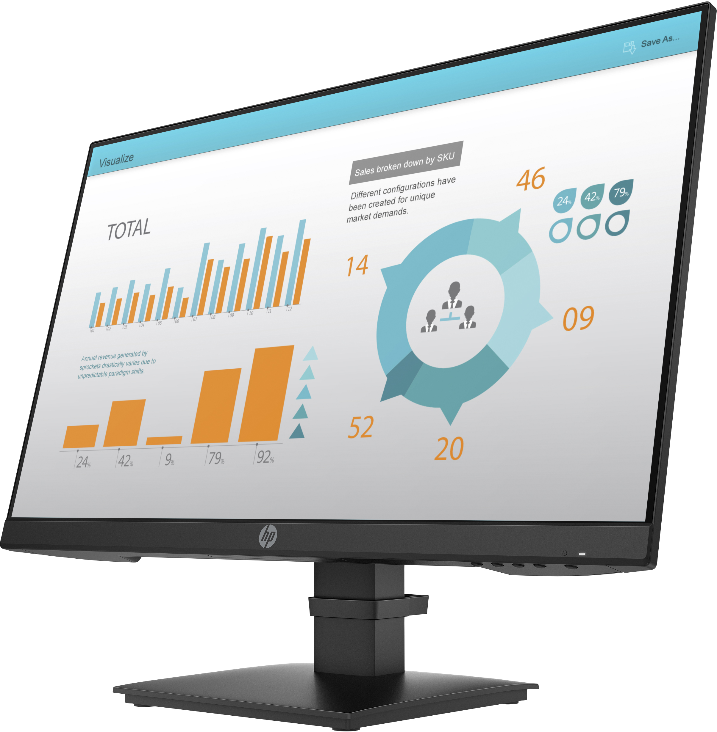 A black computer monitor displays charts and data. The monitor is on a black stand.