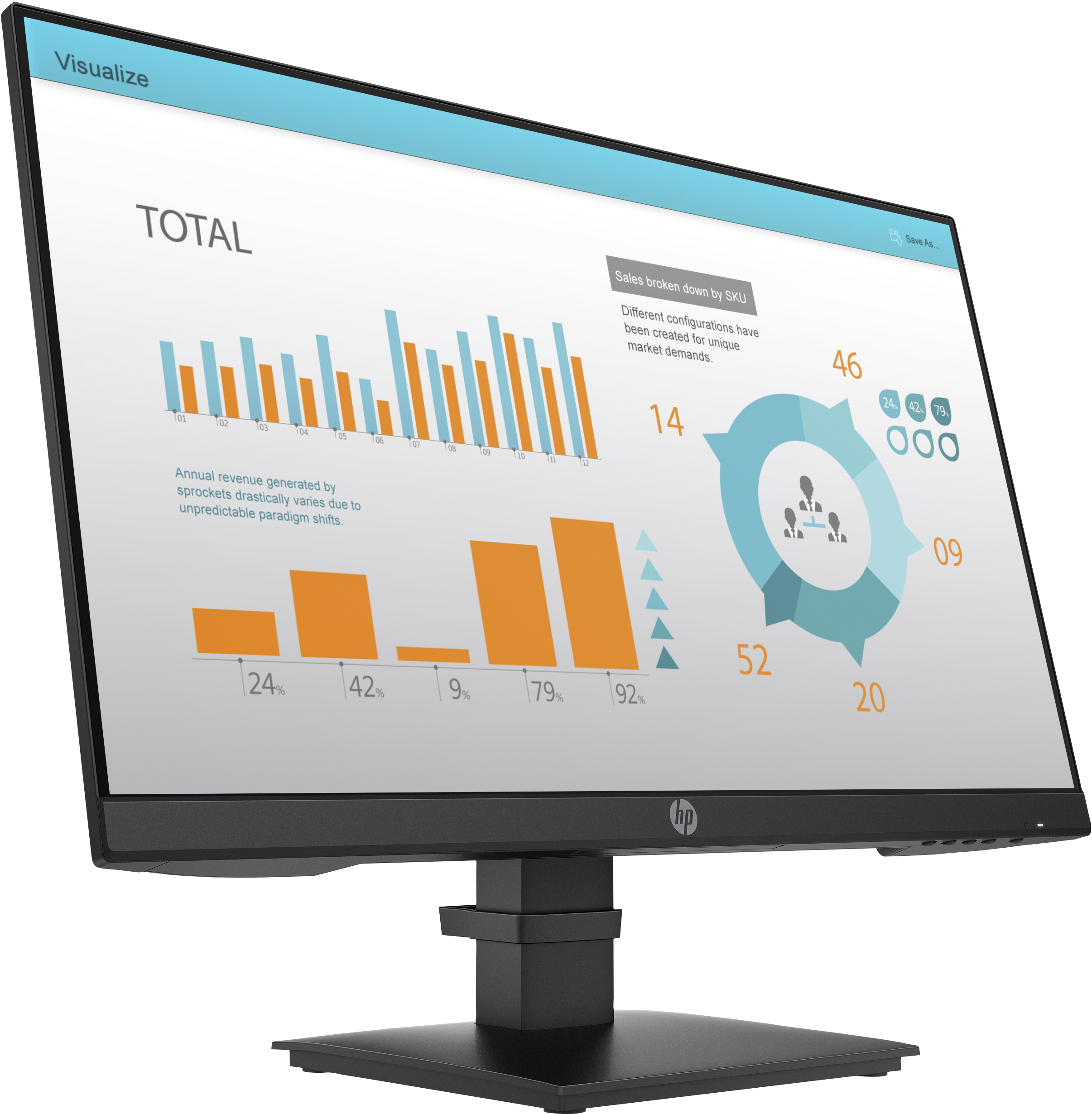 Computer monitor displaying charts and data. Black frame with a black stand.