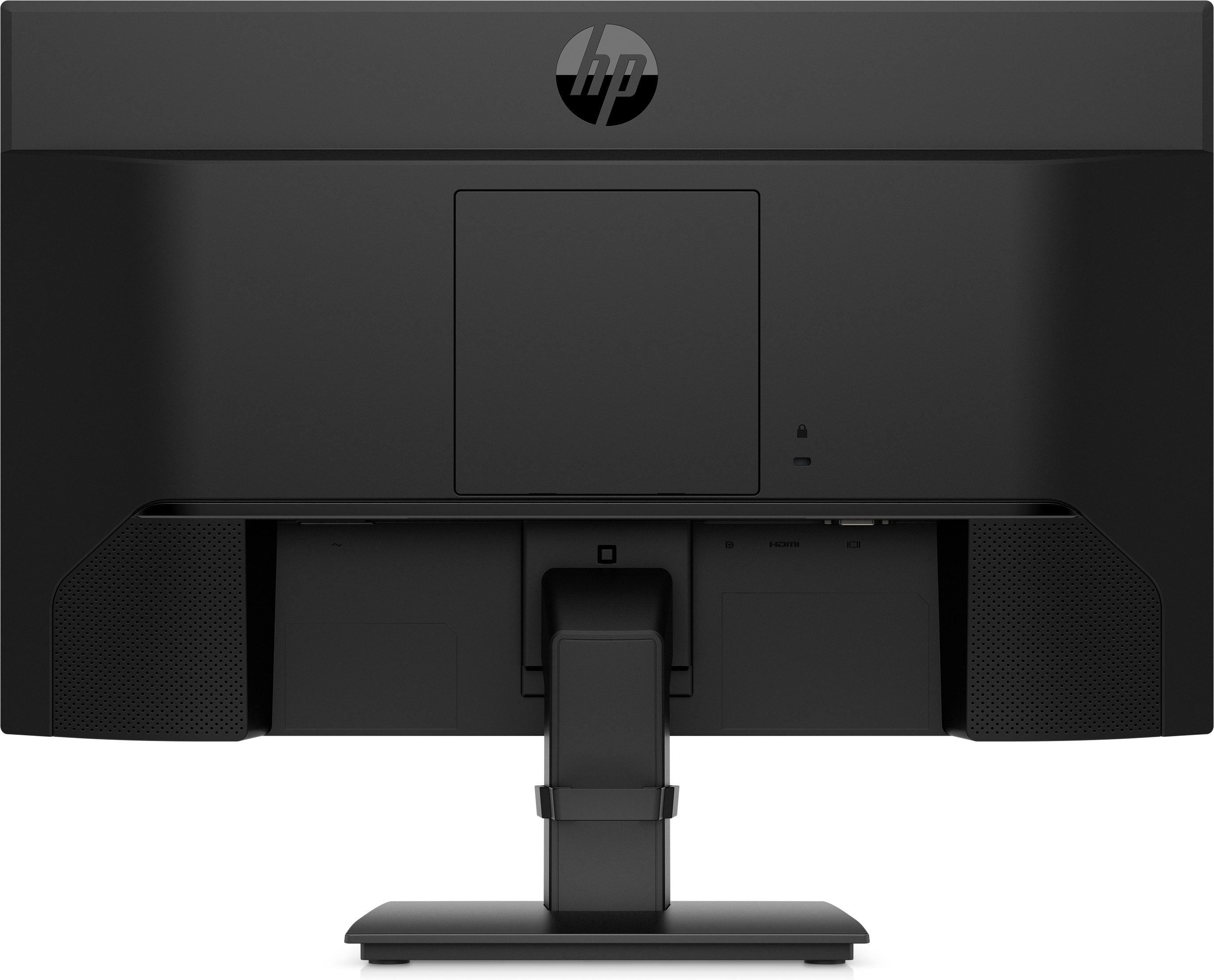 Back of a black HP monitor with ports and a stand.