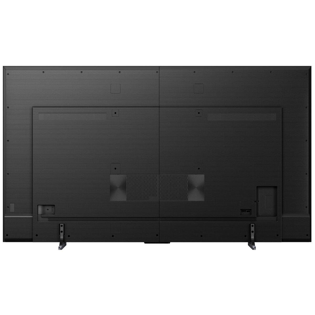 Rückseite eines großen schwarzen Fernsehers mit strukturierter Oberfläche, Metallständern und Anschlüssen.