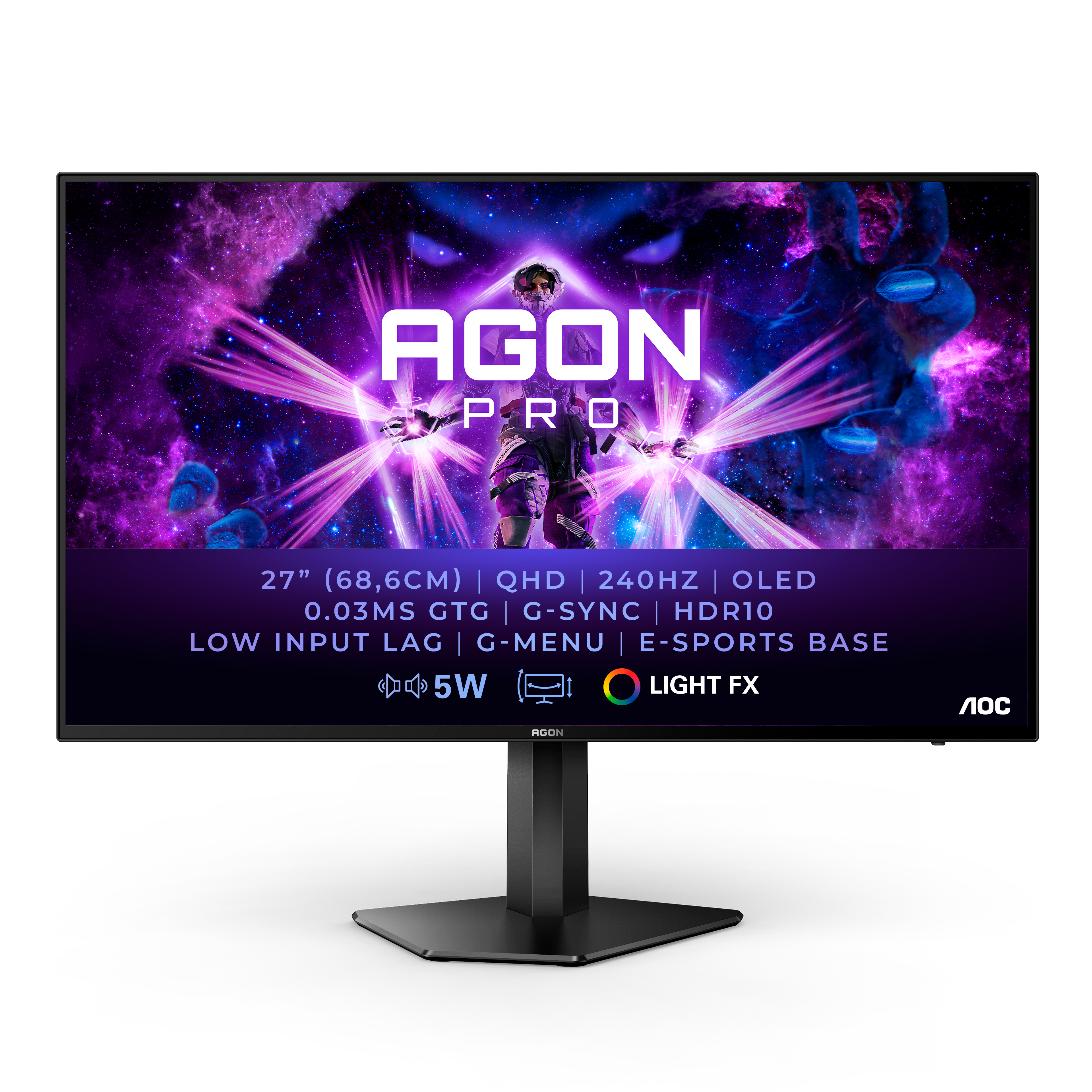 Un monitor per computer nero con supporto, che mostra testo e grafica su sfondo bianco.