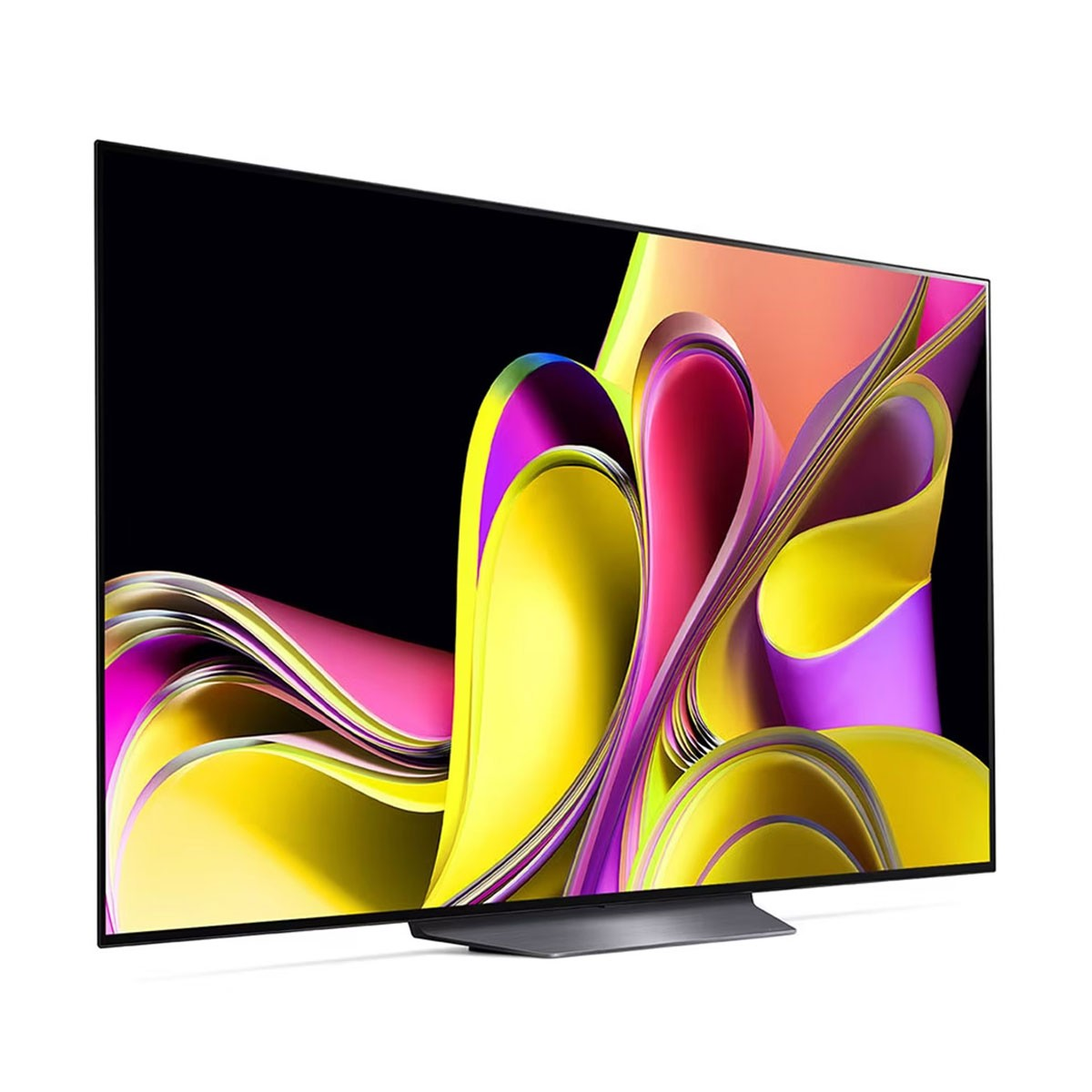 Großer Bildschirm-Fernseher mit farbenfroher abstrakter Kunst, auf dunklem Hintergrund.