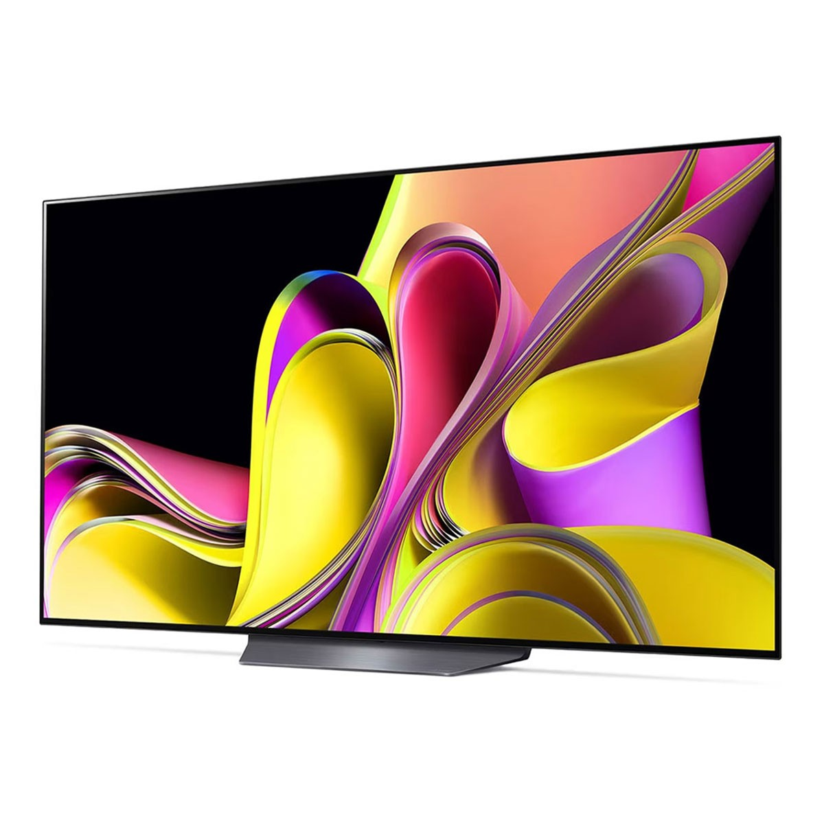Ein großer schwarzer Fernseher zeigt bunte abstrakte Grafiken auf schwarzem Hintergrund.