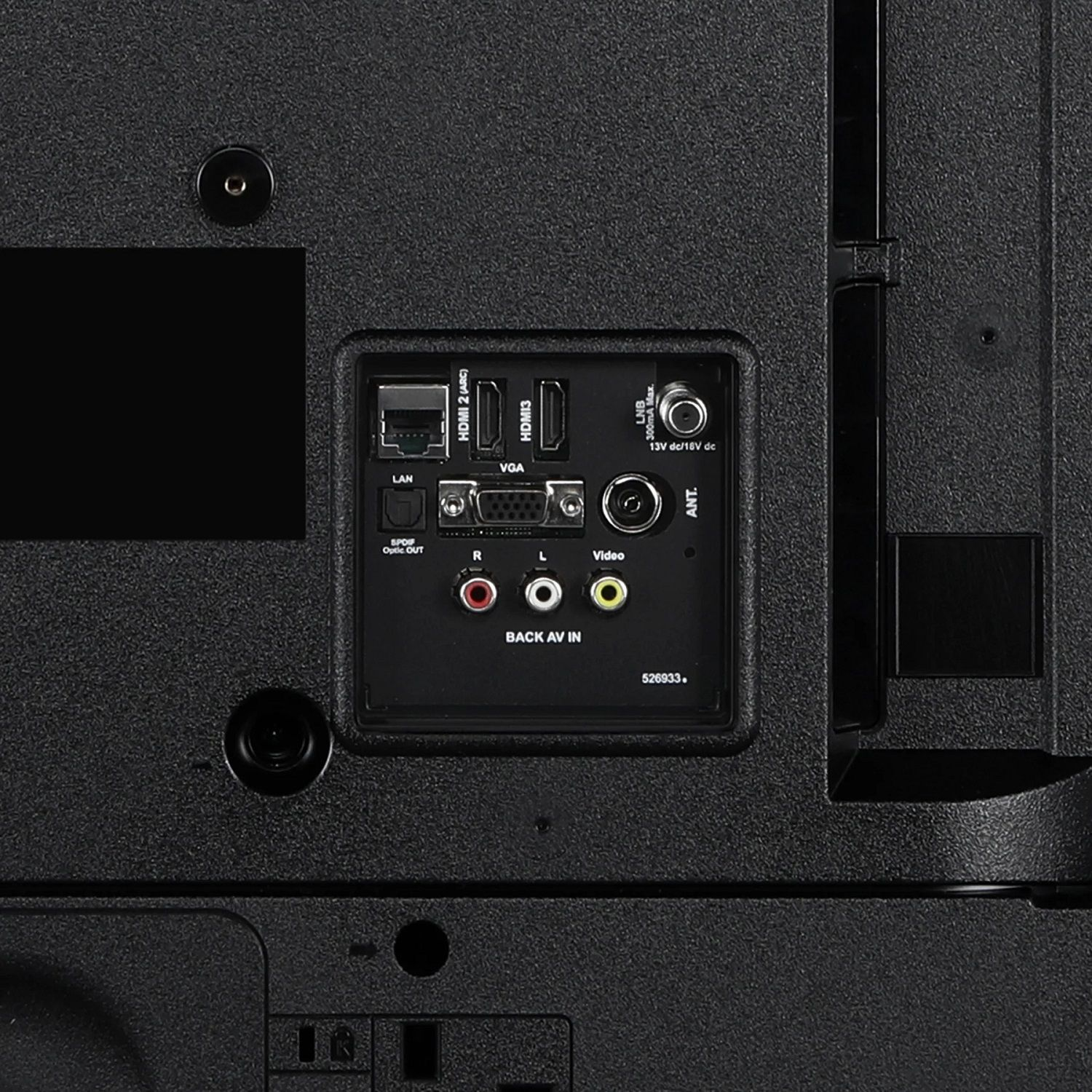Close-up van de achterkant van een tv met diverse poorten waaronder HDMI, VGA en audio in/uitgangen.