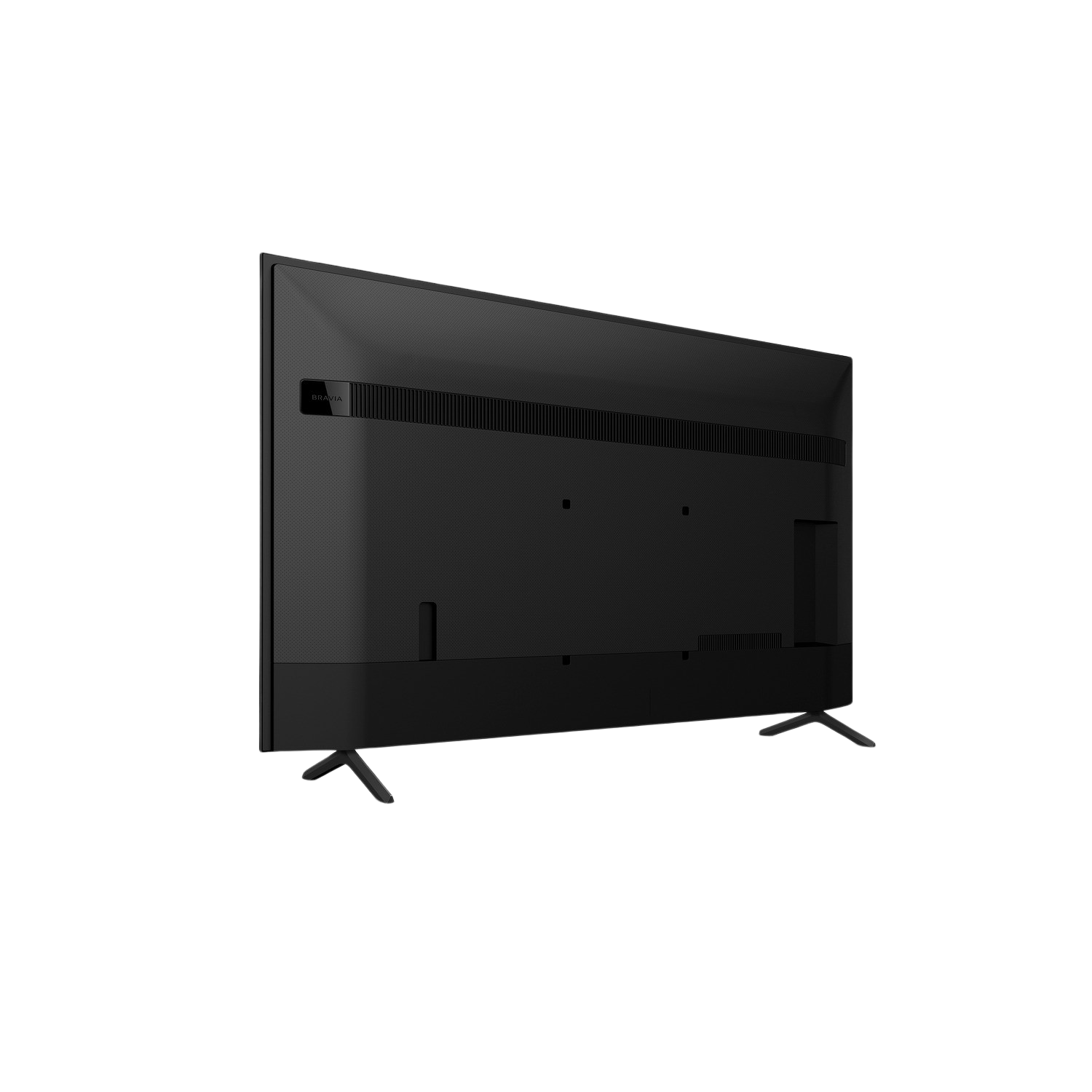 Die Rückseite eines schwarzen Fernsehers. Es hat ein einfaches Design mit zwei Füßen.