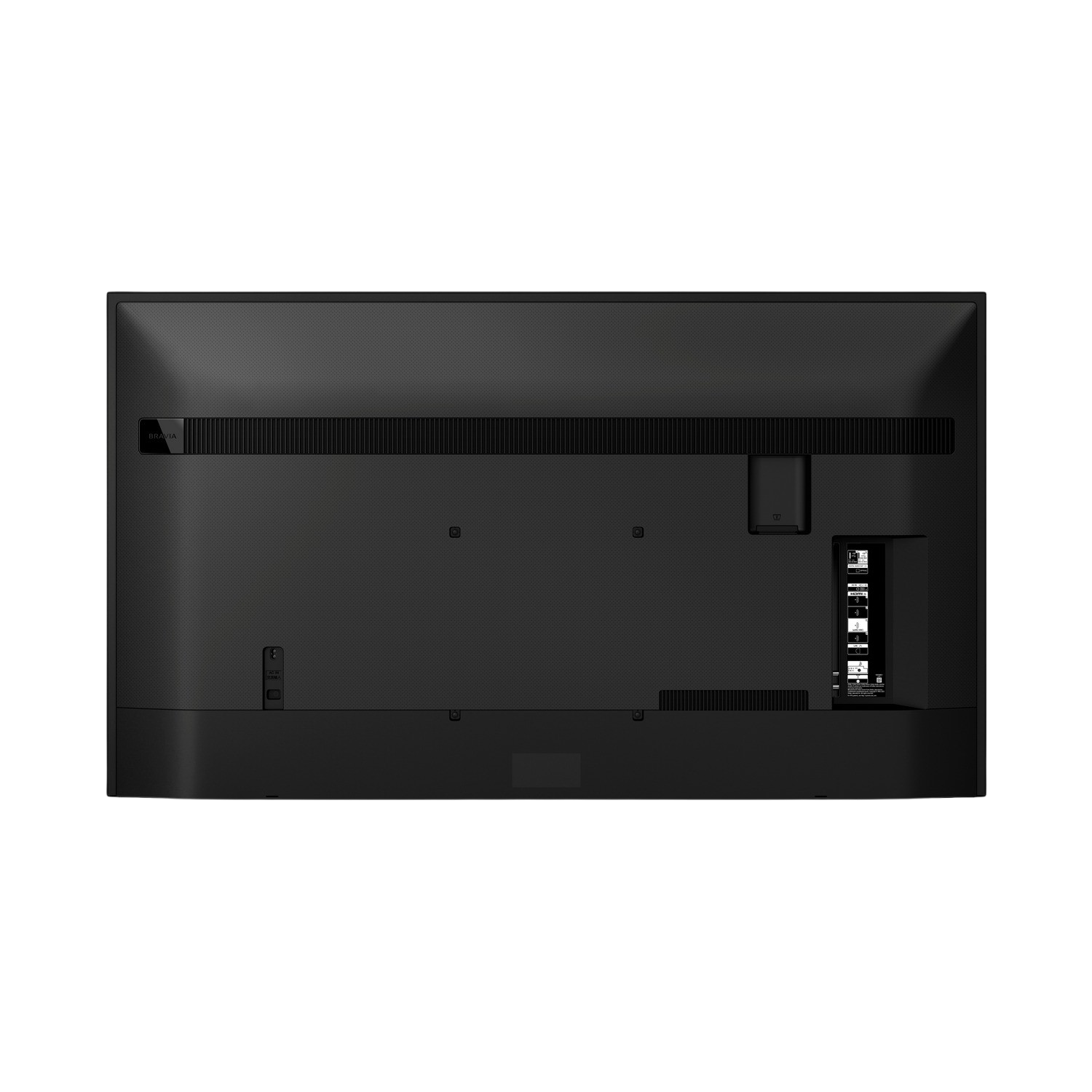 Schwarze TV-Rückwand mit Anschlüssen und Steckern. Schwarze Oberfläche.
