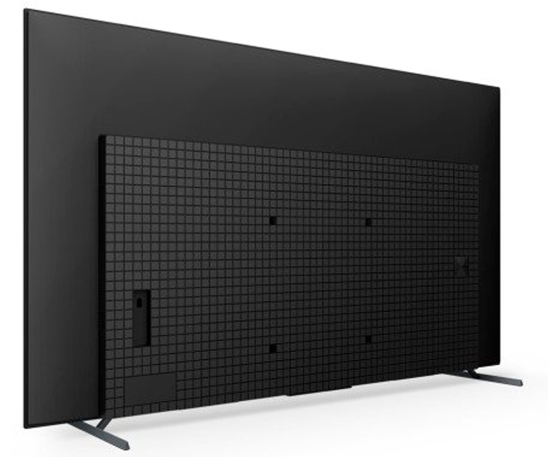Retro di una TV Sony Bravia, nera con pannello posteriore strutturato e supporto.