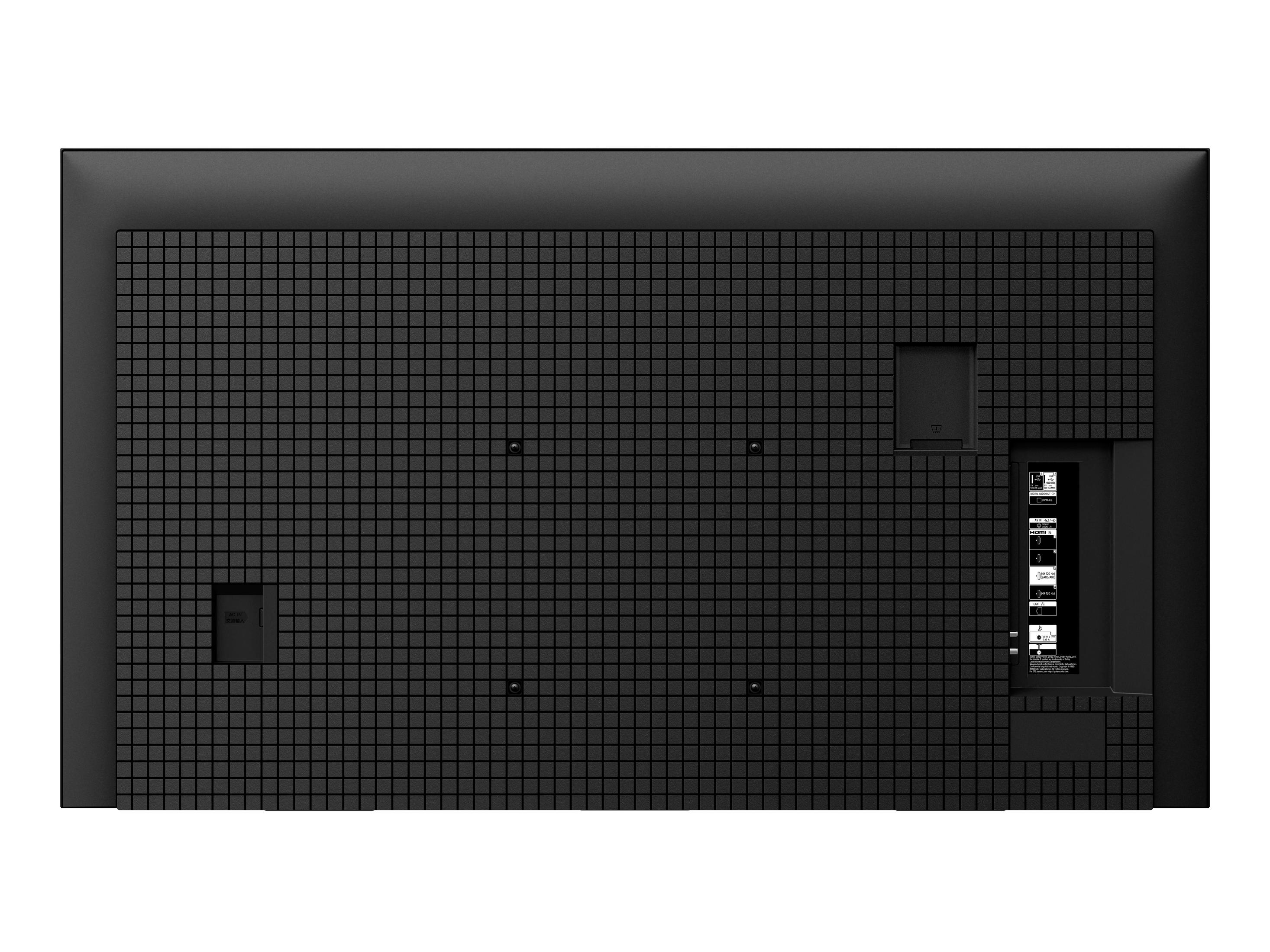 Schwarze TV-Rückwand, mit verschiedenen Anschlüssen und einer gitterartigen Textur.