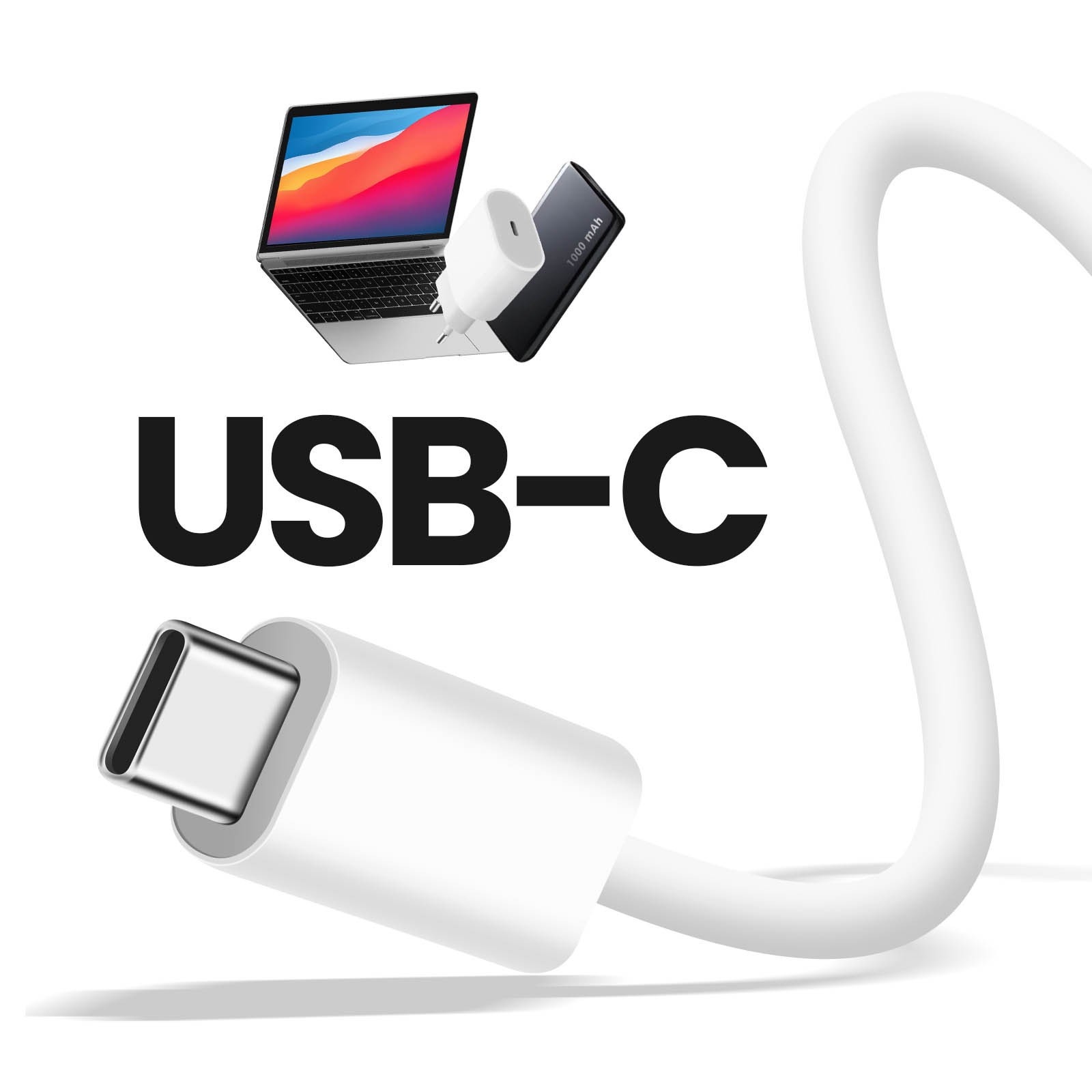Câble USB-C blanc avec connecteur blanc. Ordinateur portable, chargeur et batterie externe en haut.
