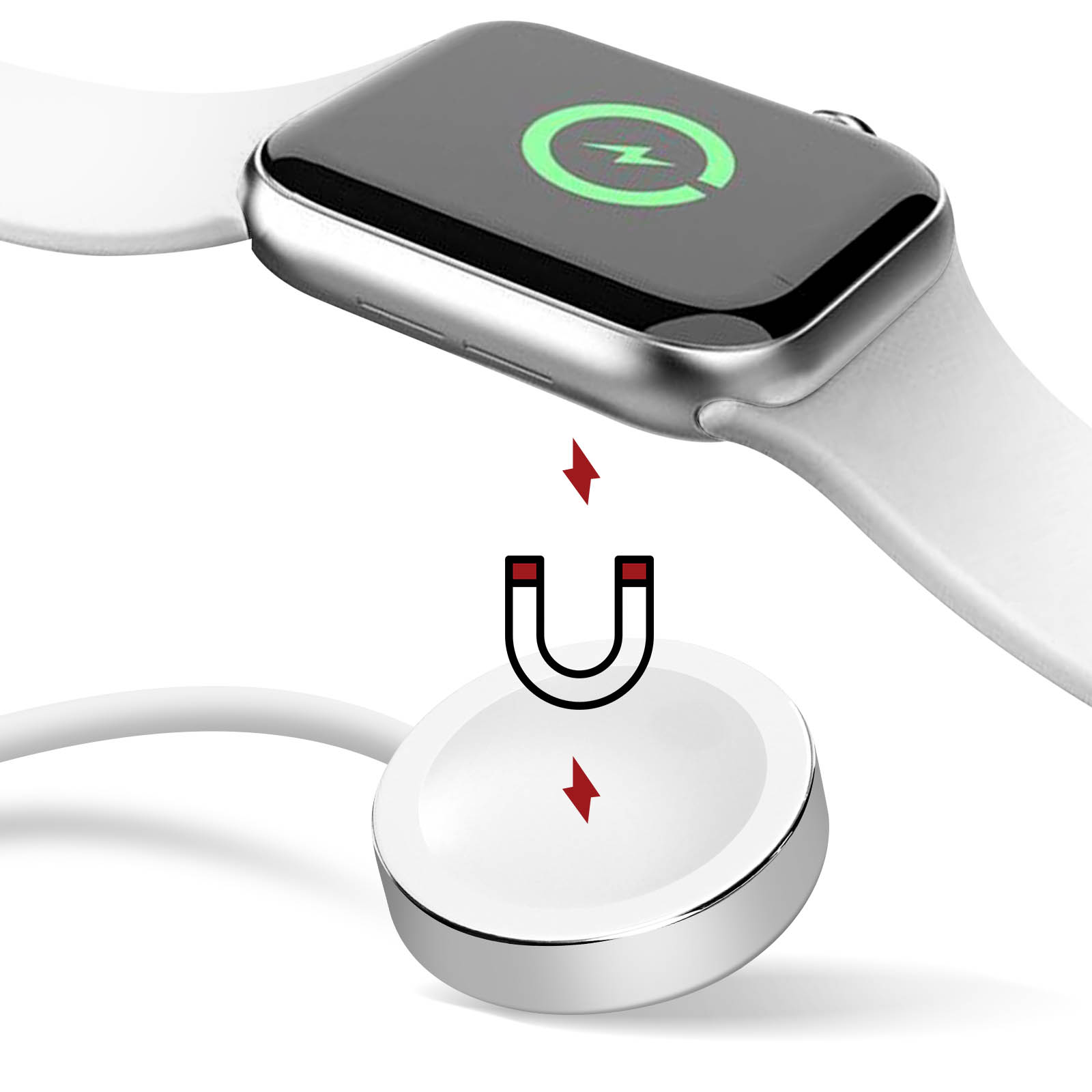Apple Watch se chargeant sur un chargeur magnétique blanc, éclair vert sur l'écran. Fond blanc.