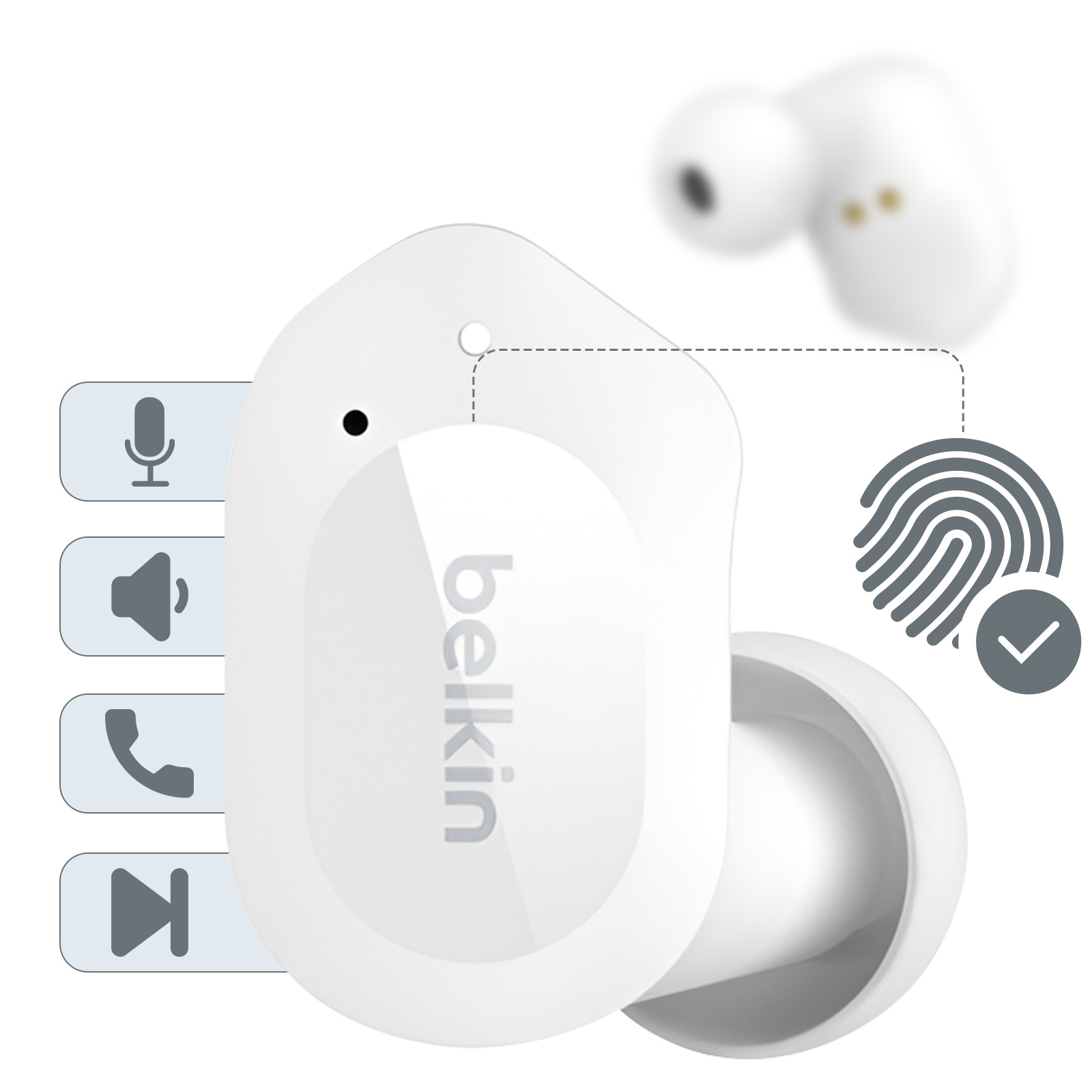 Białe słuchawki Belkin z ikonami sterowania i czujnikiem linii papilarnych. Białe tło.