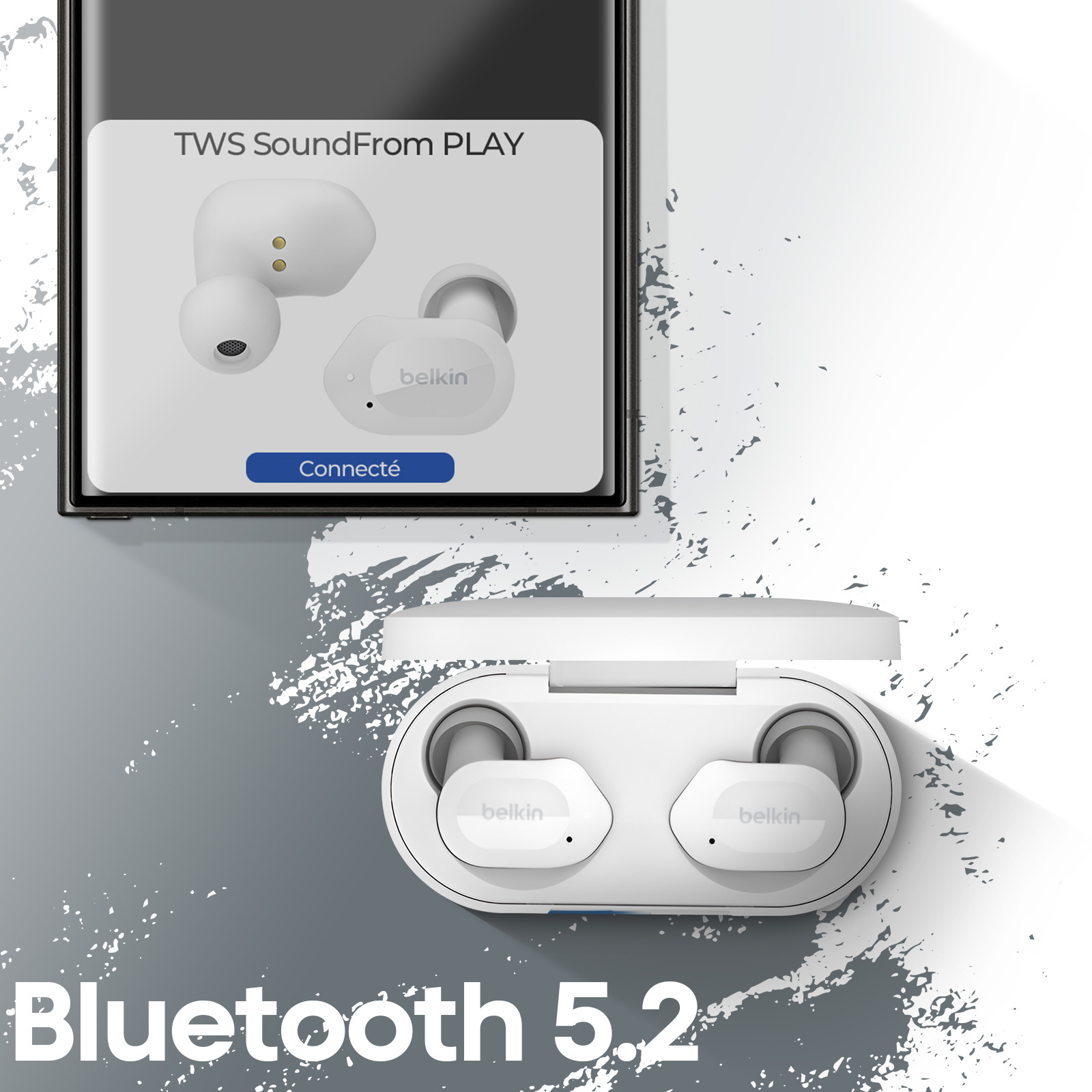 Biały zestaw słuchawkowy i etui ładujące z napisem "belkin".