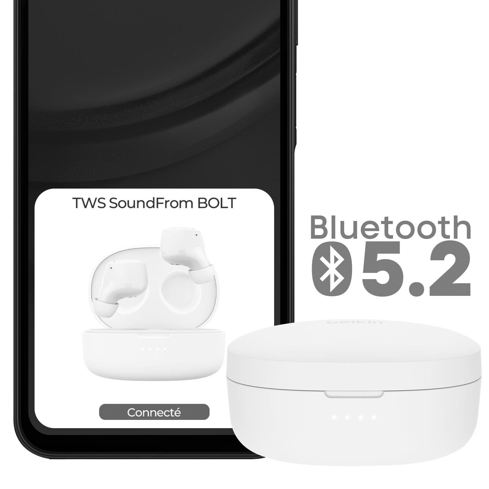 Białe słuchawki Belkin i etui ładujące z wyświetlaczem smartfona.