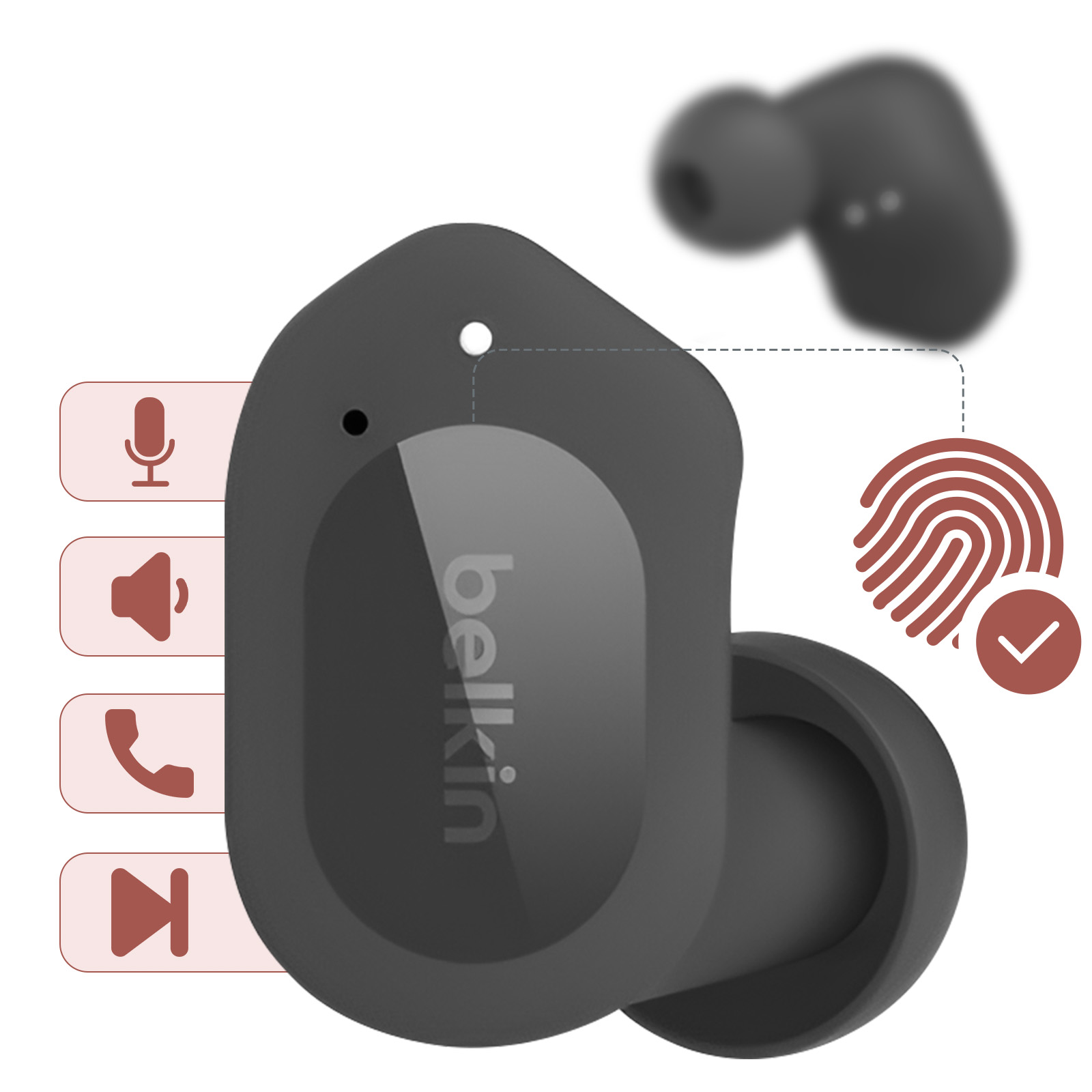 Czarna słuchawka Belkin z ikonami mikrofonu, głośnika, połączenia i przycisku odtwarzania.