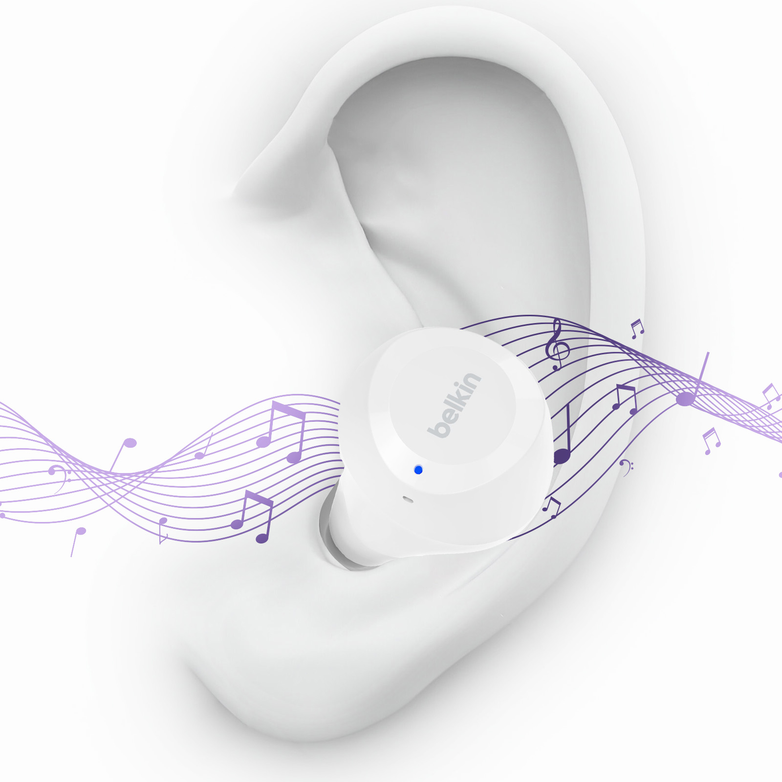 Białe ucho z białym słuchawką Belkin i nutami.