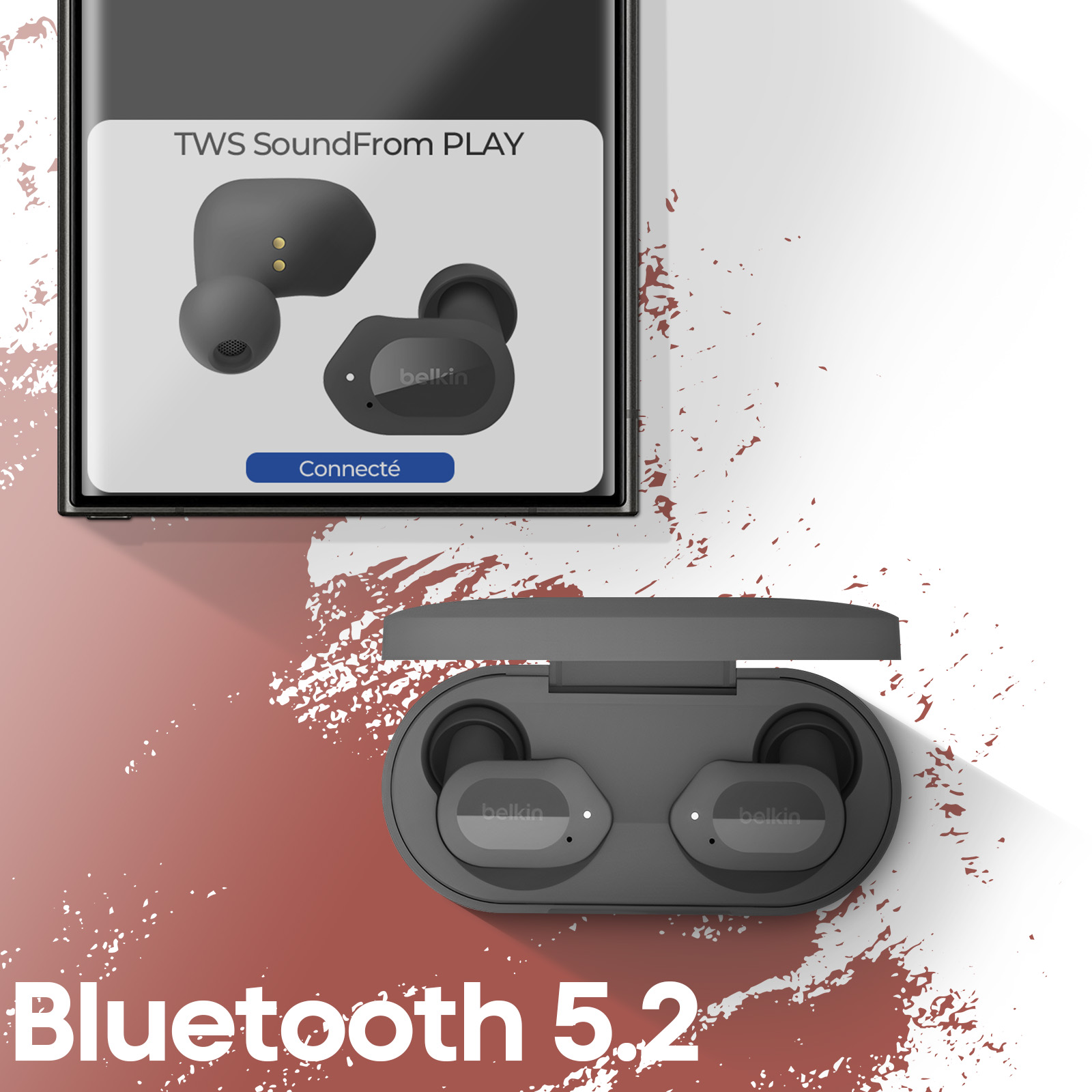 Szare bezprzewodowe słuchawki w etui ładującym na powierzchni, połączone z telefonem.