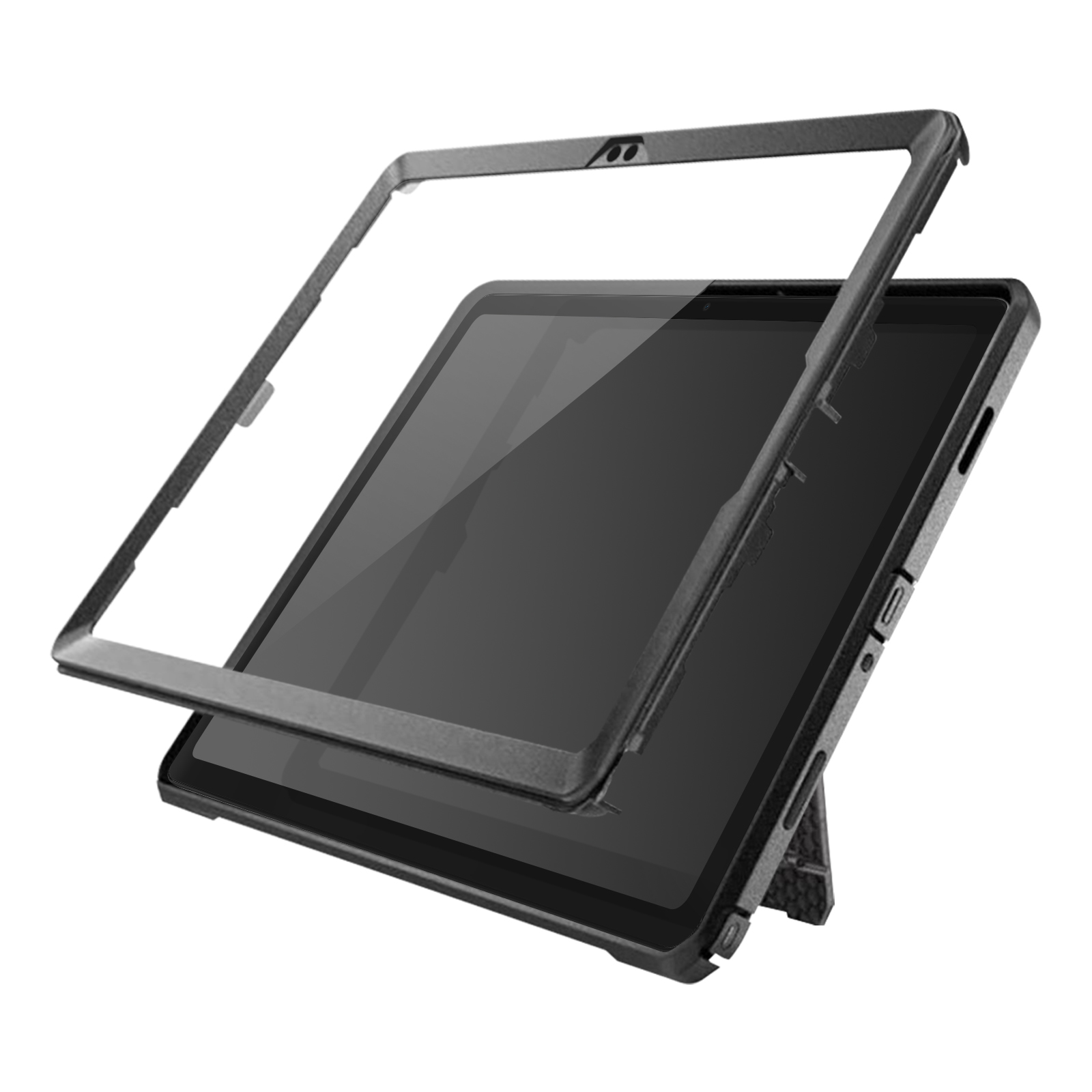 Tablet in Schutzhülle, mit klarem Rahmen, auf leicht angewinkelter Oberfläche.
