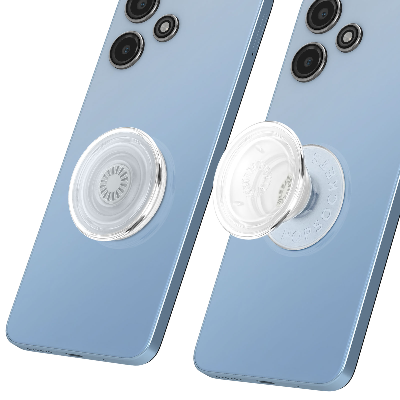 Blaue Telefone mit durchsichtigen Handyhalterungen, Nahaufnahme, weißer Hintergrund.