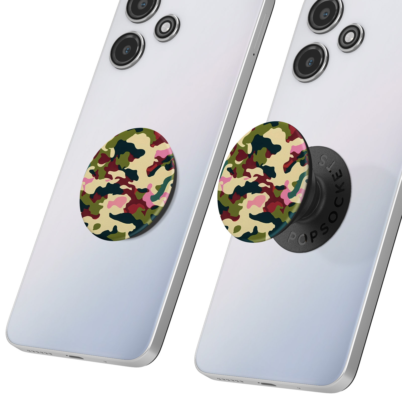 Zwei Handys mit angebrachtem Camouflage-PopSocket. Der PopSocket ist schwarz mit Camouflage-Design.