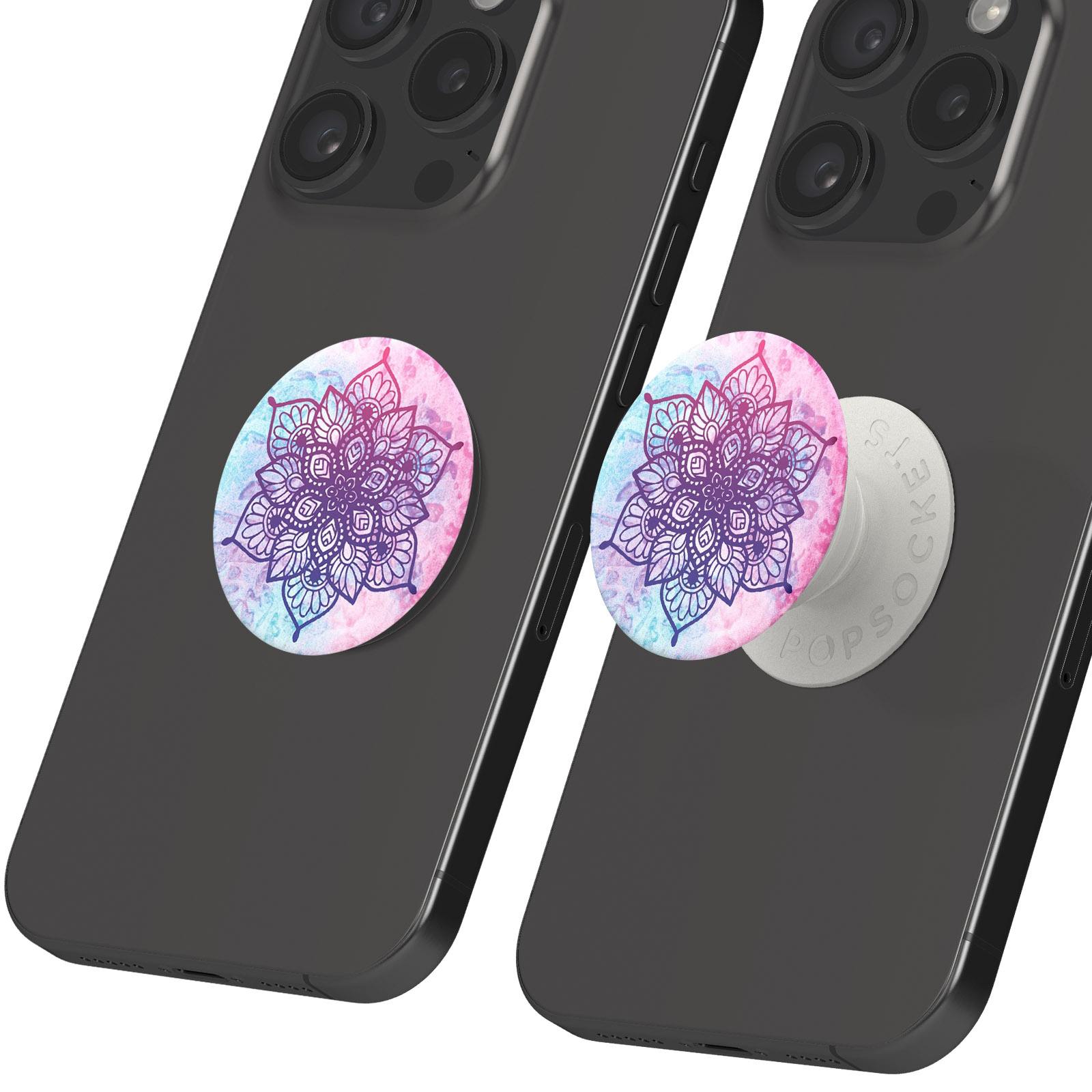 Dos teléfonos con PopSockets decorativos. Los enchufes son circulares con un diseño.