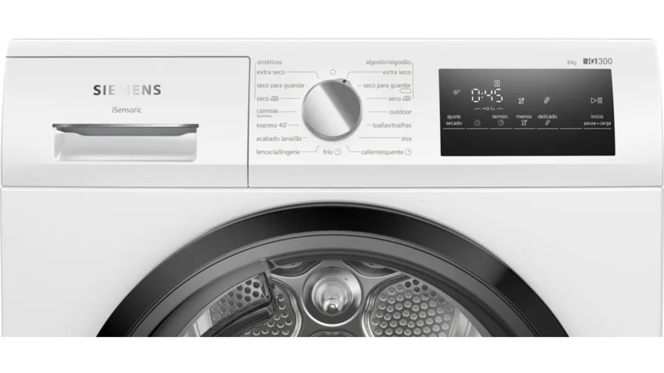 Panel de control de lavadora blanco. Tiene una pantalla y botones para diferentes configuraciones. Blanco.