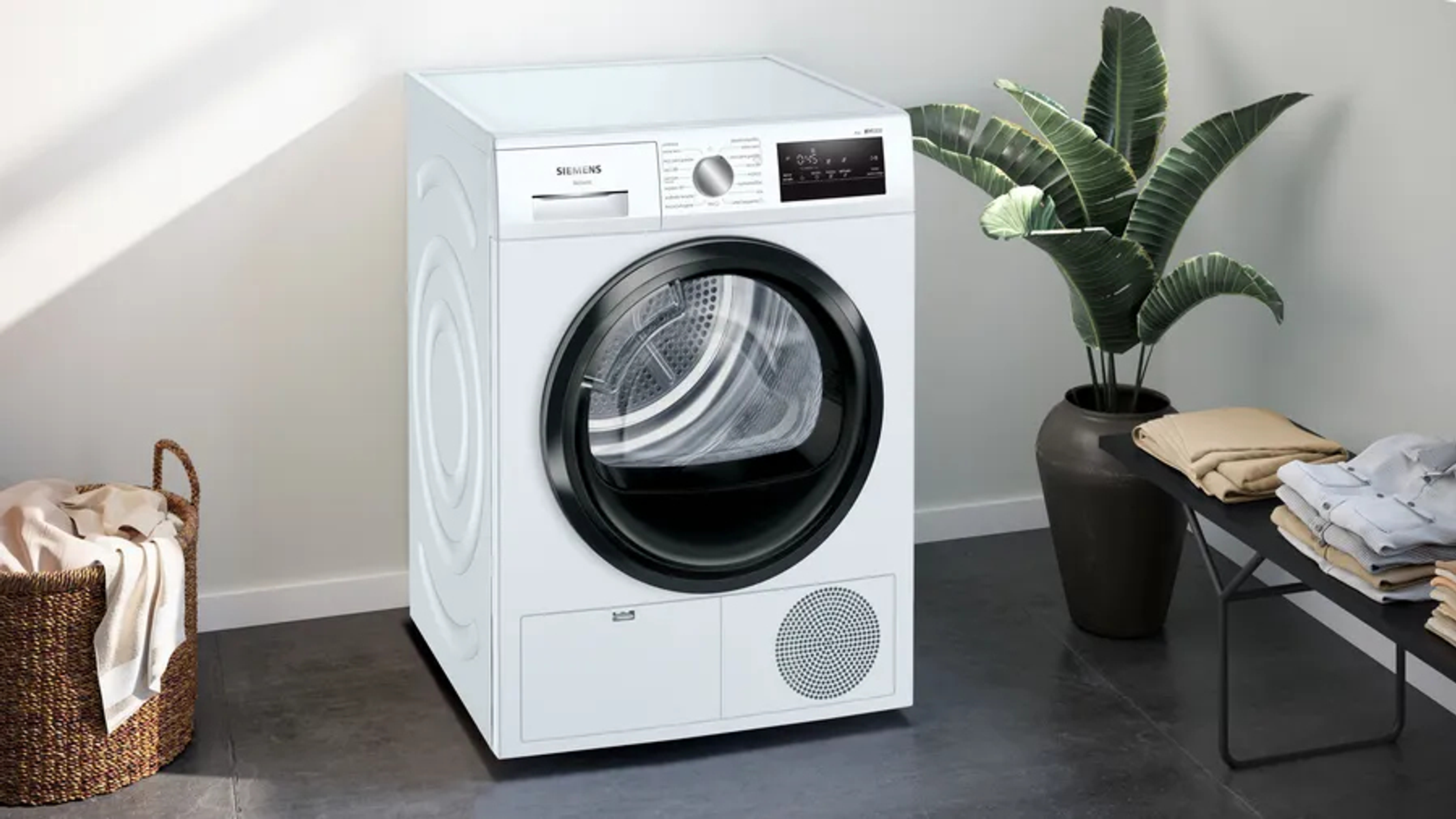 Una lavadora blanca con puerta negra y una planta en el fondo.