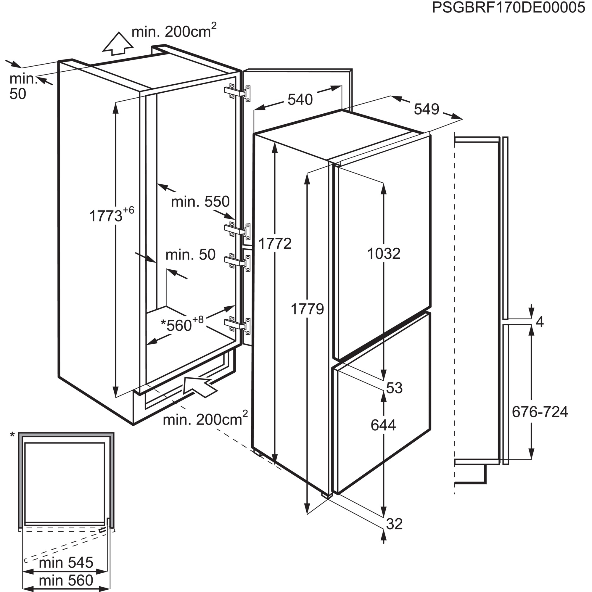 Diagrama de un refrigerador que muestra medidas y componentes internos.