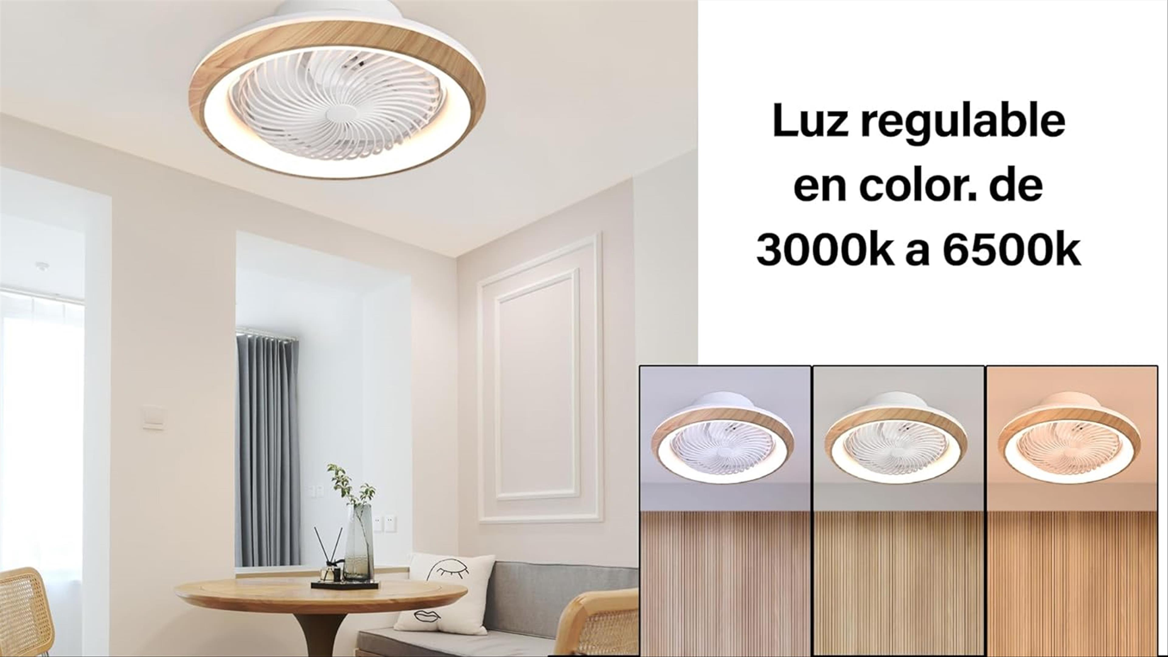 Un ventilador de techo con luz integrada. La luz es circular y tiene un borde de madera.