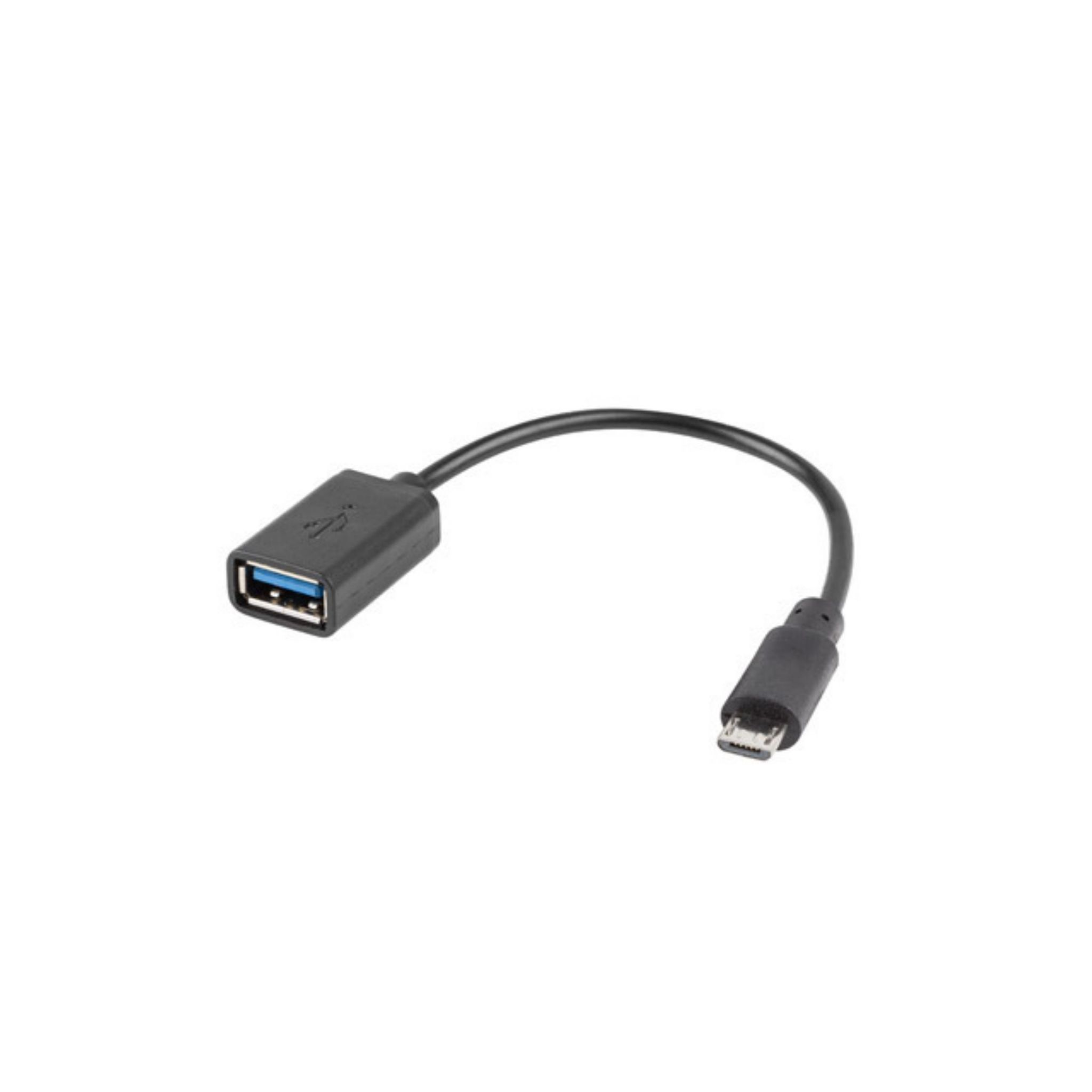 Cable adaptador USB a Micro USB, negro, sobre fondo blanco. Extremos USB y Micro USB visibles.