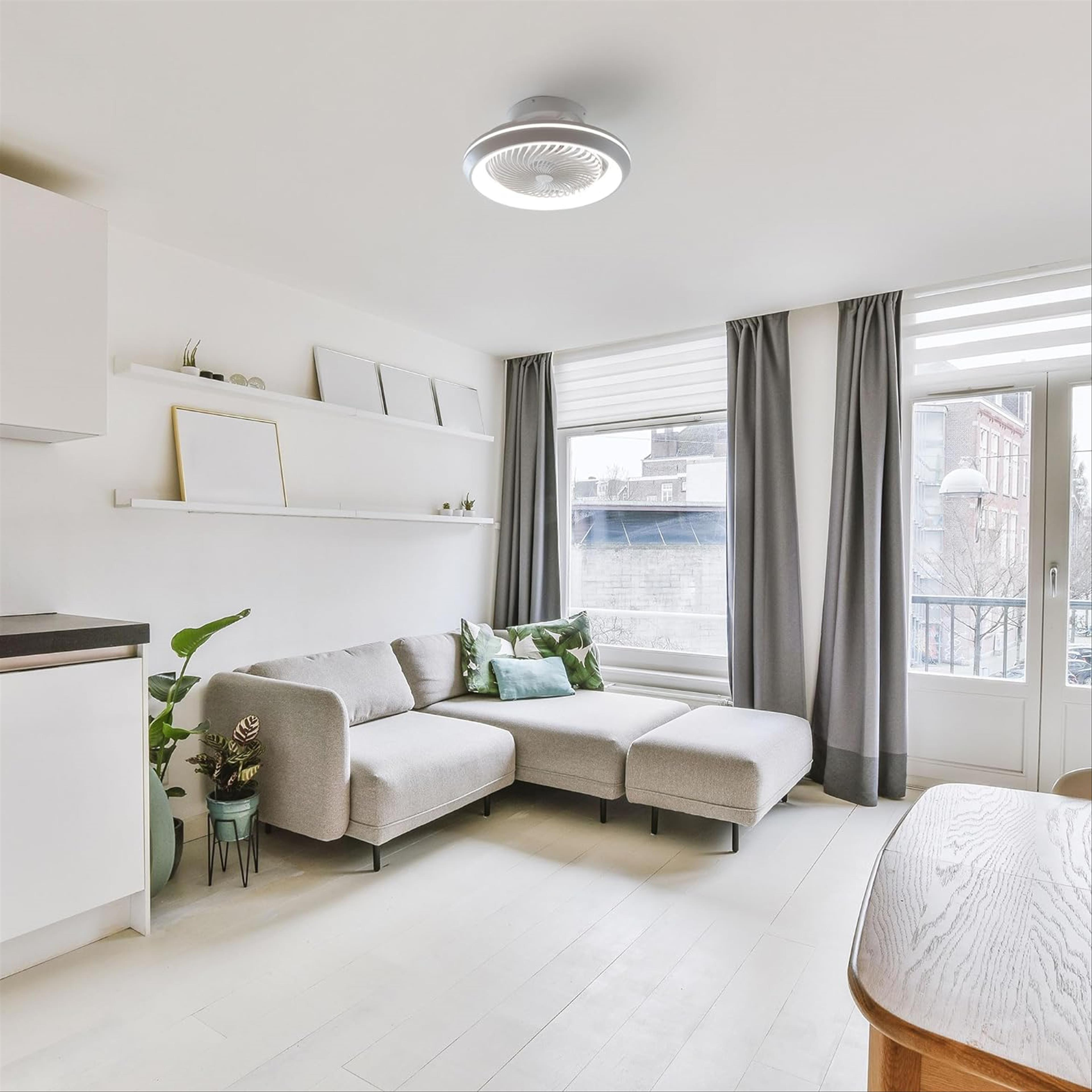 Sala de estar con sofá, plantas, ventana y ventilador de techo.