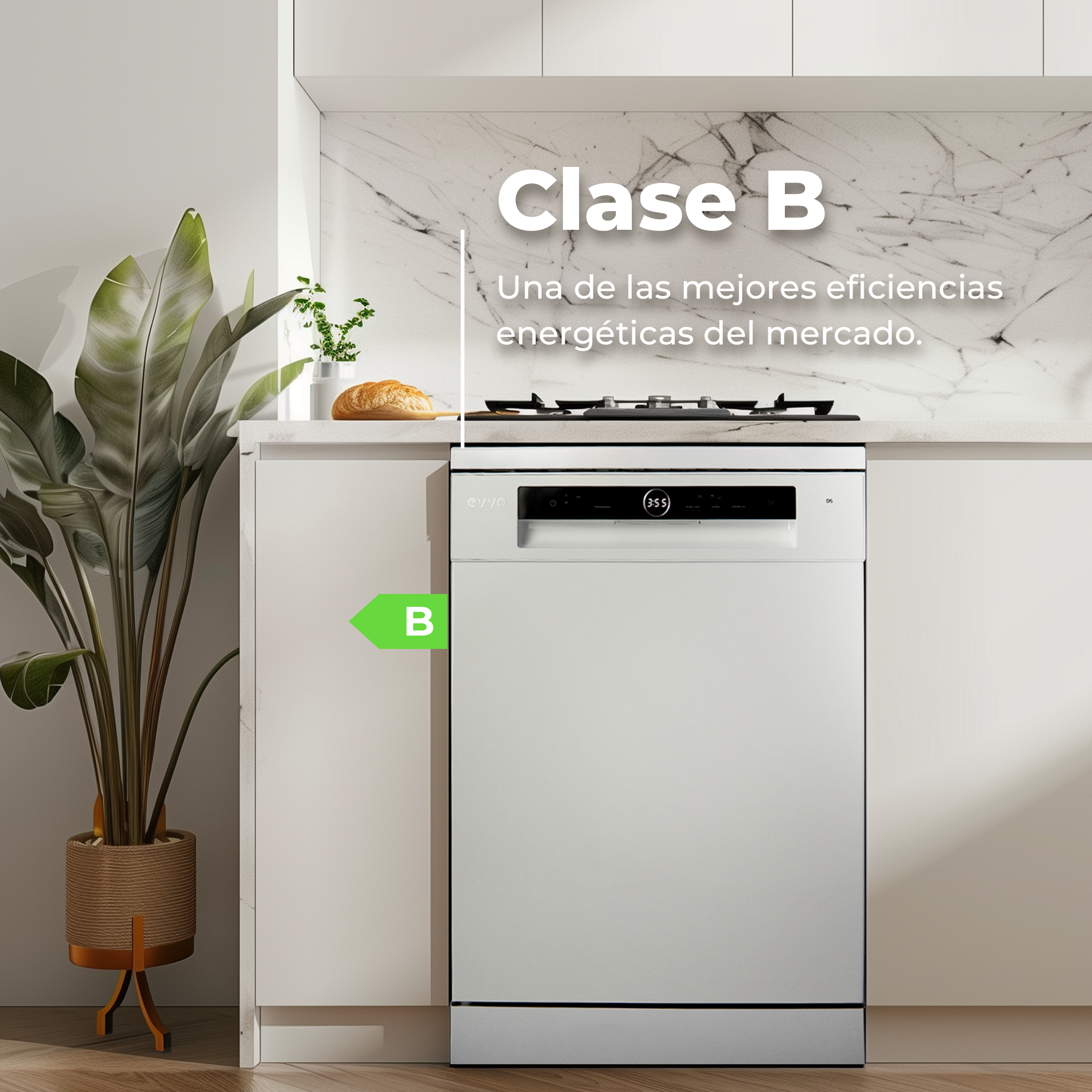 Weißer Geschirrspüler mit Text 'Clase B'. Küche mit Pflanze und Brot.